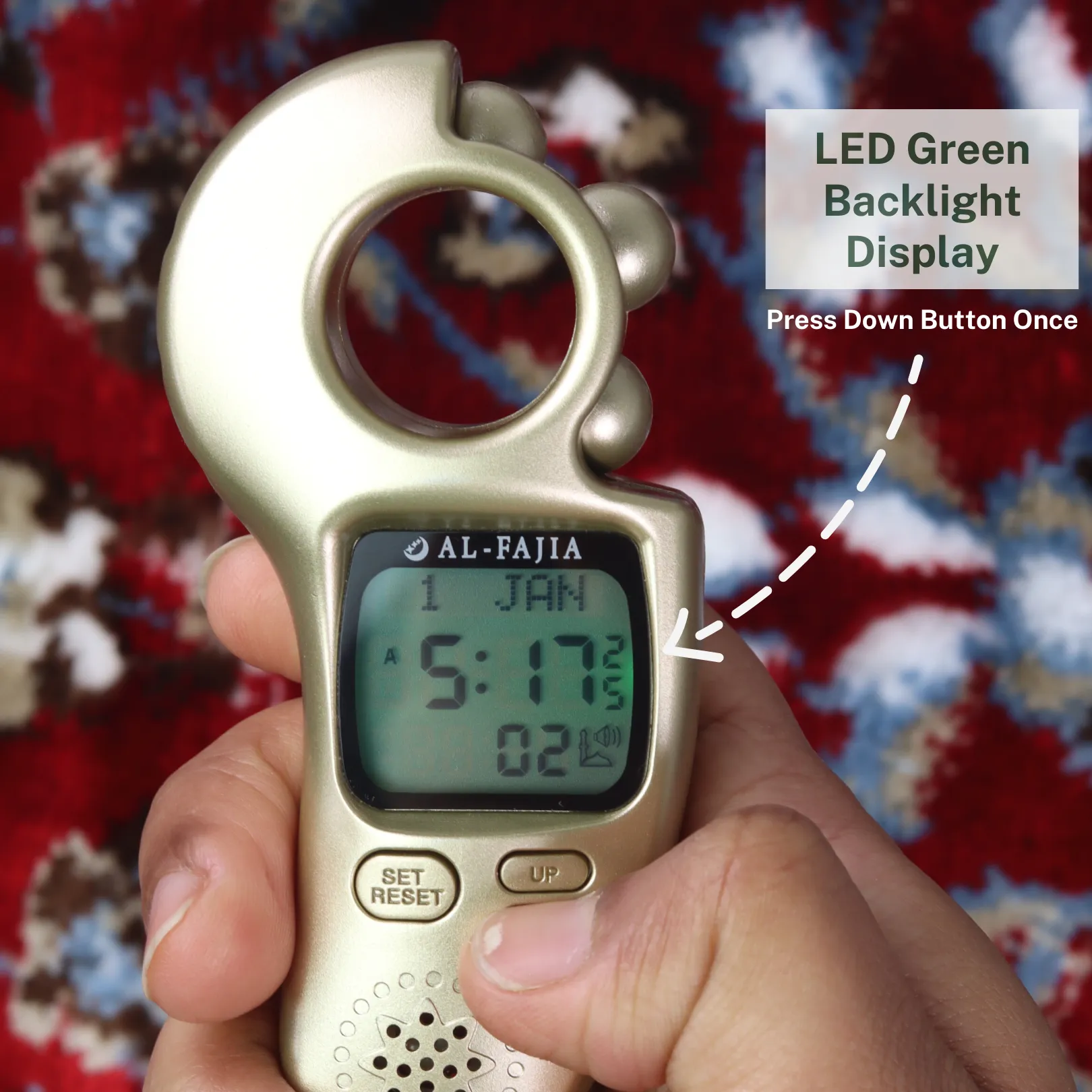 AL-FAJIA Digital Portable Tasbih Counter Azan Clock Reminder Islamic Auto Prayer Time (Gold)
