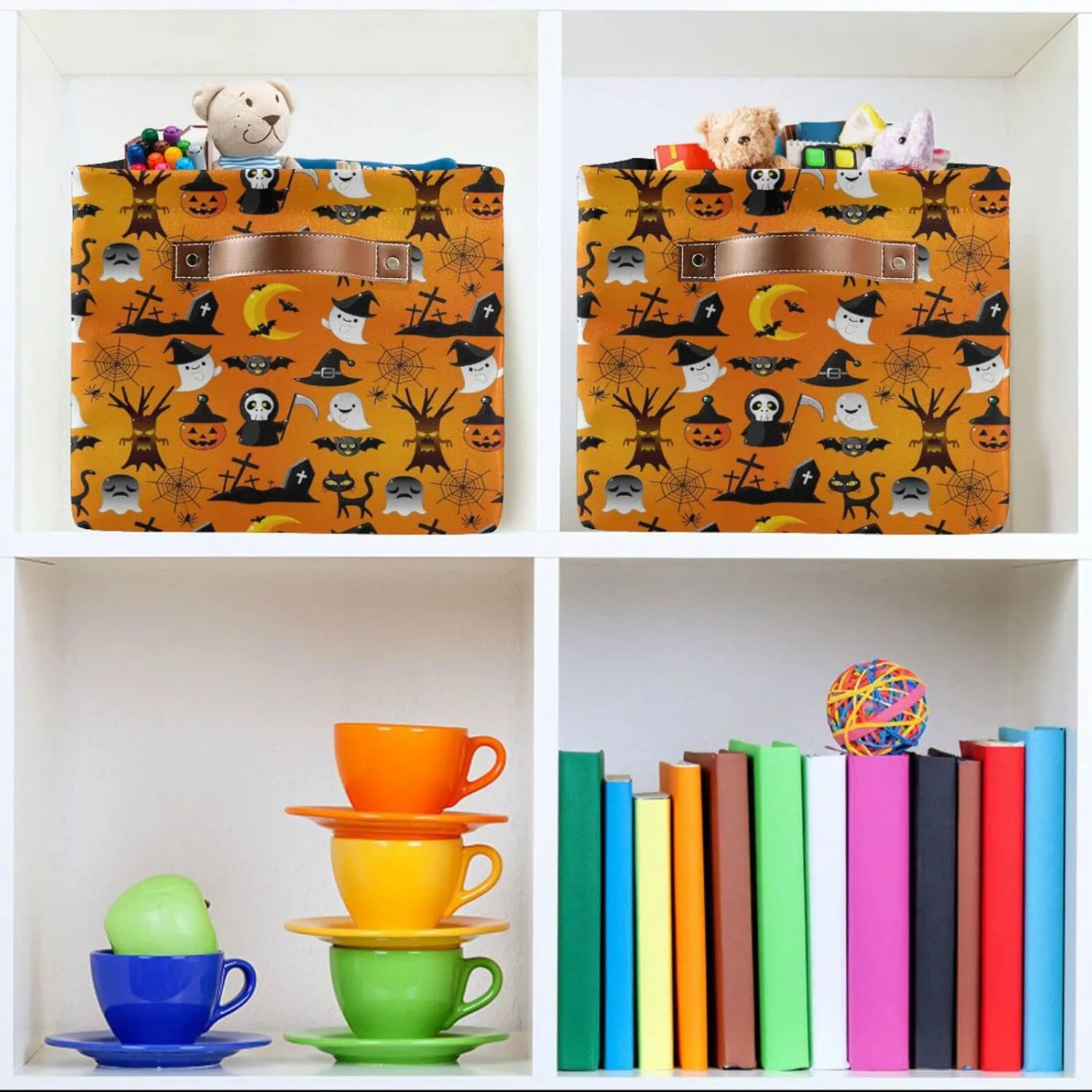 ALAZA Cartoon Halloween Skull Cat Yellow Foldable Storage Box Storage Basket Organizer Bins with Handles for Shelf Closet Living Room Bedroom Home Office 1 Pack