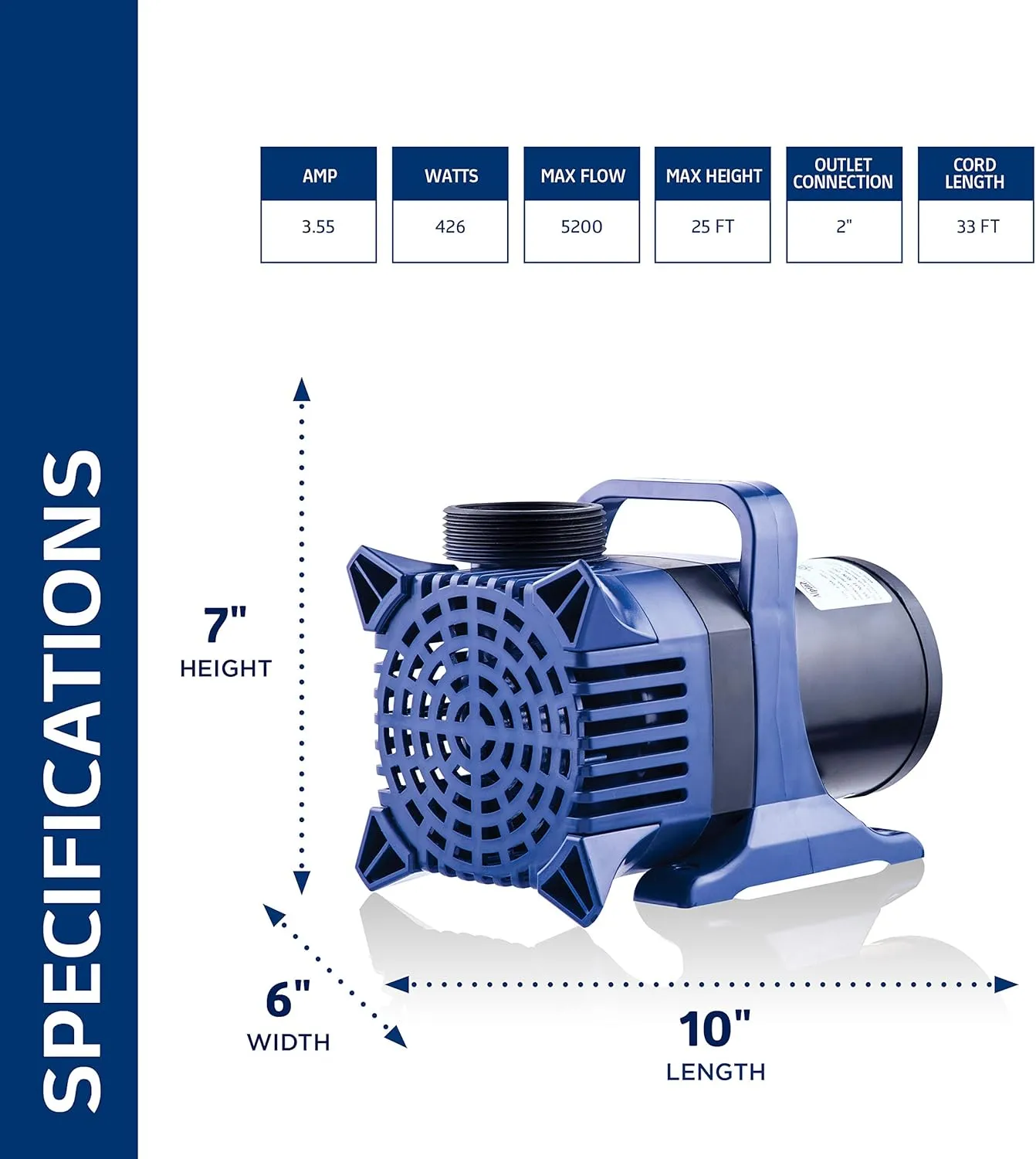 Alpine Corporation - 5200 GPH Submersible Water Pump with 33 FT Cord & Adapters for Ponds, Fountains, Waterfalls – Energy-Efficient, Quiet Operation, Vertical/Horizontal Use, 426 Watts, 25 FT Lift