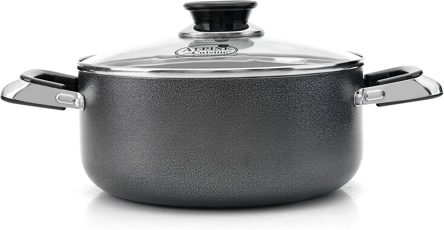 Alpine Cuisine 5 Quart Non-stick Stock Pot with Tempered Glass Lid and Carrying Handles, Multi-Purpose Cookware Aluminum Dutch Oven for Braising, Boiling, Stewing