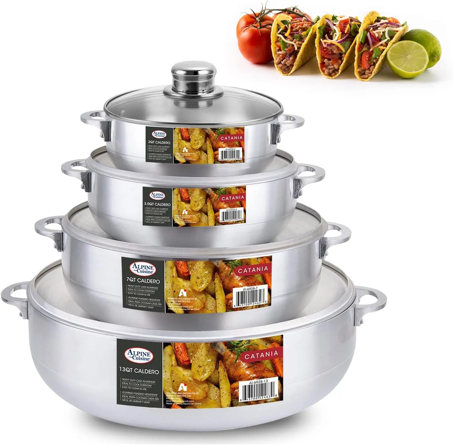 Alpine Cuisine 8-Piece Aluminum Caldero Set Durable Nonstick Stock Pots with Glass Lids, Versatile Dutch Oven Cookware for Everyday Home Cooking