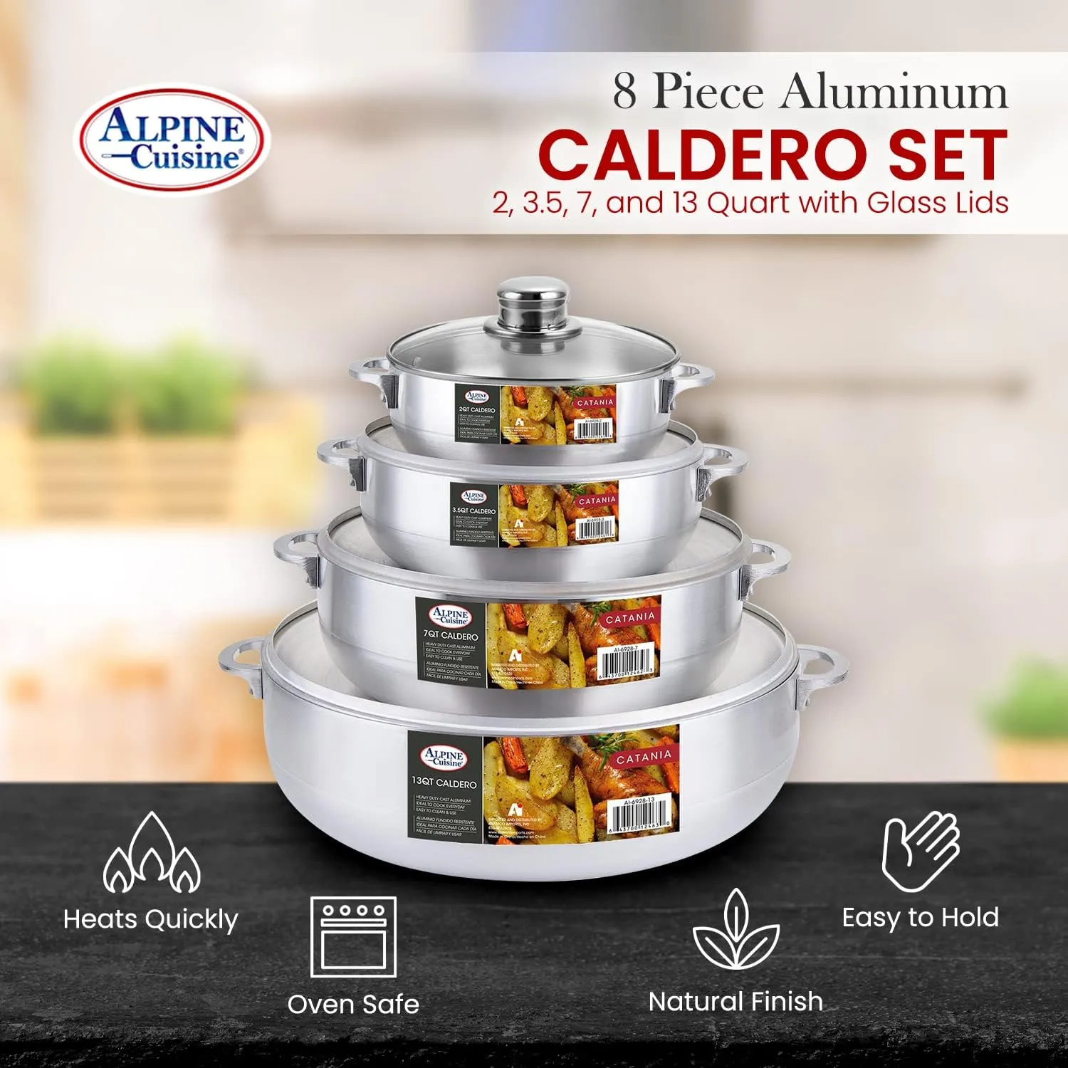 Alpine Cuisine 8-Piece Aluminum Caldero Set Durable Nonstick Stock Pots with Glass Lids, Versatile Dutch Oven Cookware for Everyday Home Cooking