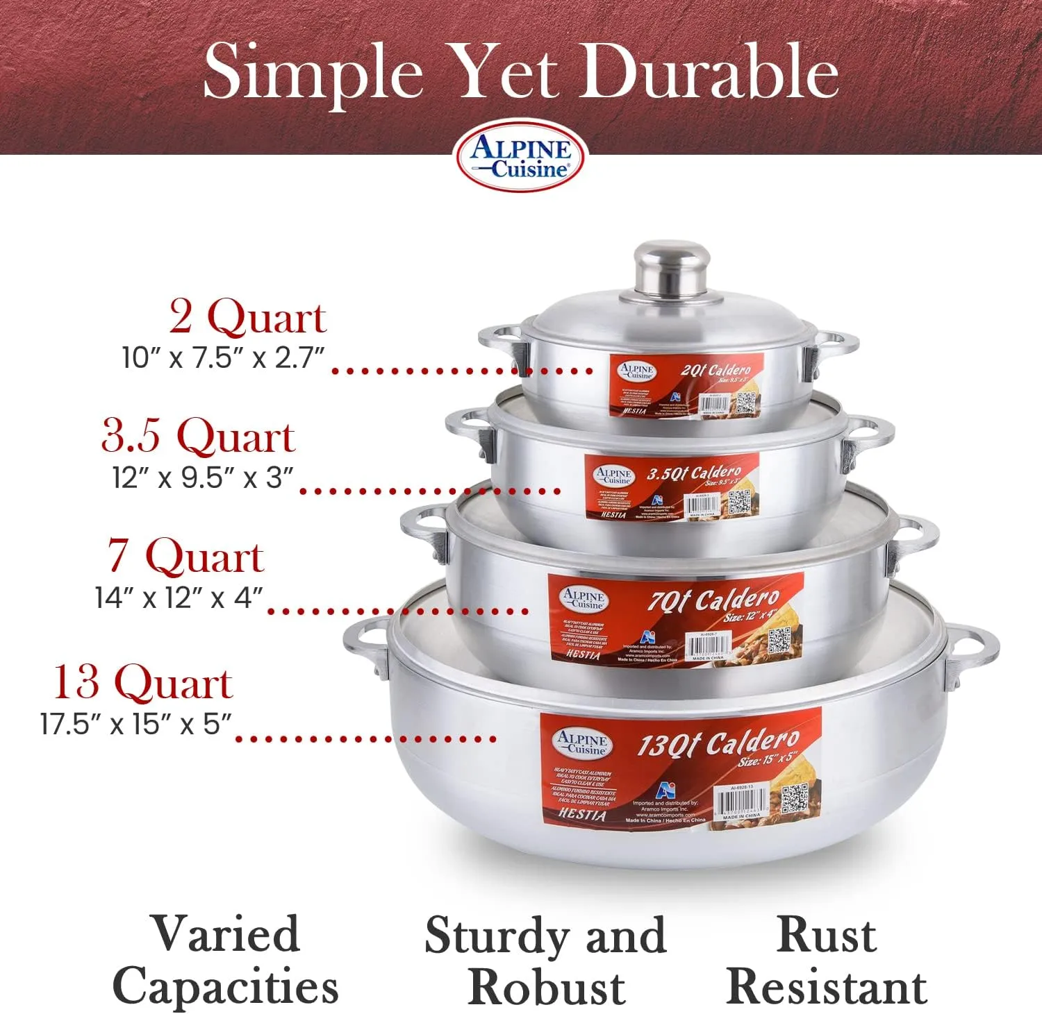 Alpine Cuisine 8-Piece Aluminum Caldero Set Durable Nonstick Stock Pots with Lids, Versatile Dutch Oven Cookware for Everyday Home Cooking