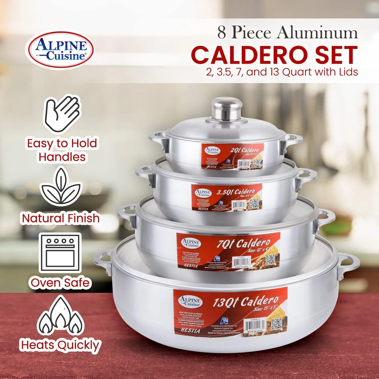 Alpine Cuisine 8-Piece Aluminum Caldero Set Durable Nonstick Stock Pots with Lids, Versatile Dutch Oven Cookware for Everyday Home Cooking
