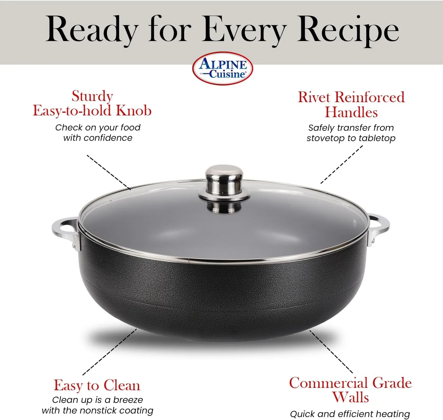 Alpine Cuisine Non-Stick Caldero 7 Quart with Glass Lid | Multi-Purpose Aluminum Dutch Oven for Braising - Boiling - Stewing | Nonstick Coating with Black Finish | Ideal for All Serving Sizes Pot