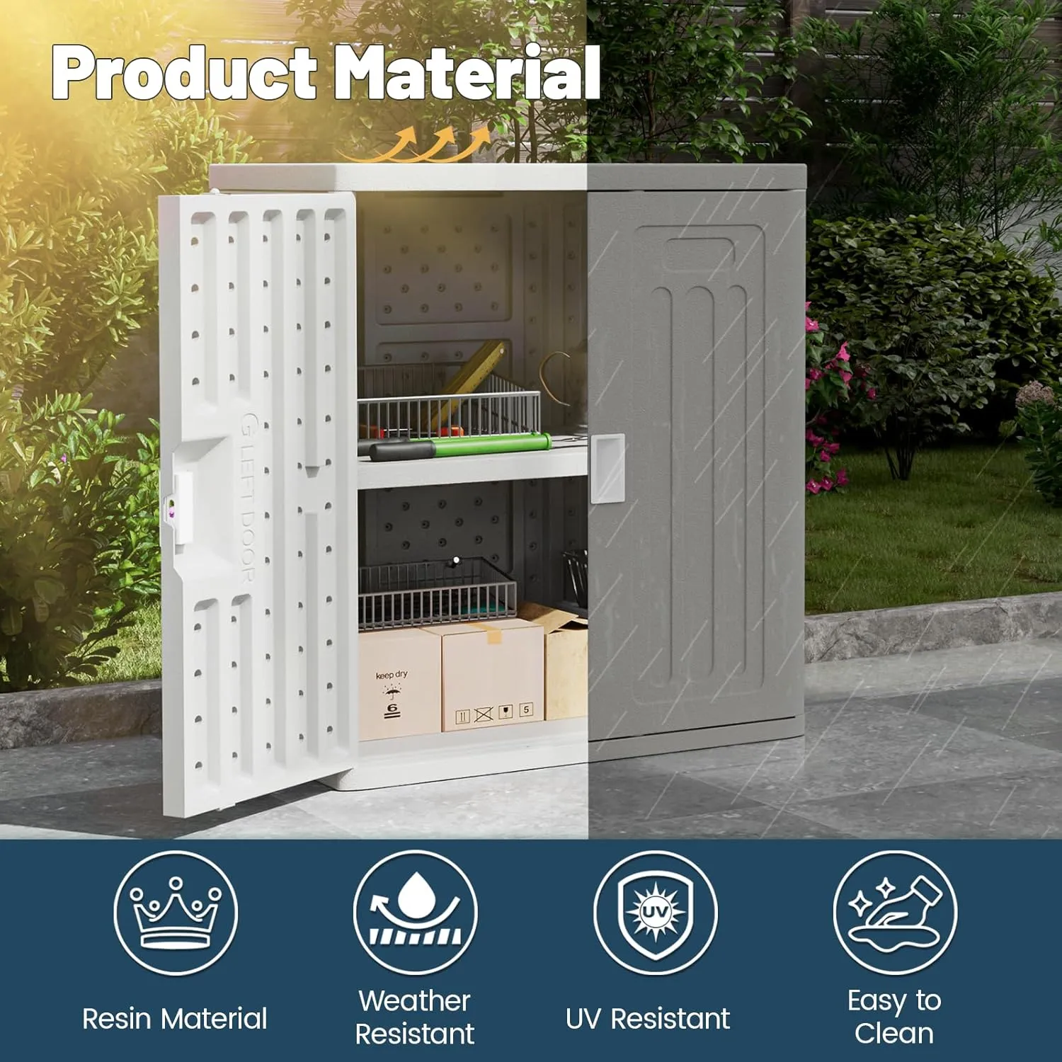 Amopatio Outdoor Storage Cabinet with 1 Shelf, Resin Storage Cabinet Waterproof, Plastic Patio Storage Shed All Weather Use for Tools, Cleaning Supplies, 19.7" D x 29.5" W x35.4 H, Grey