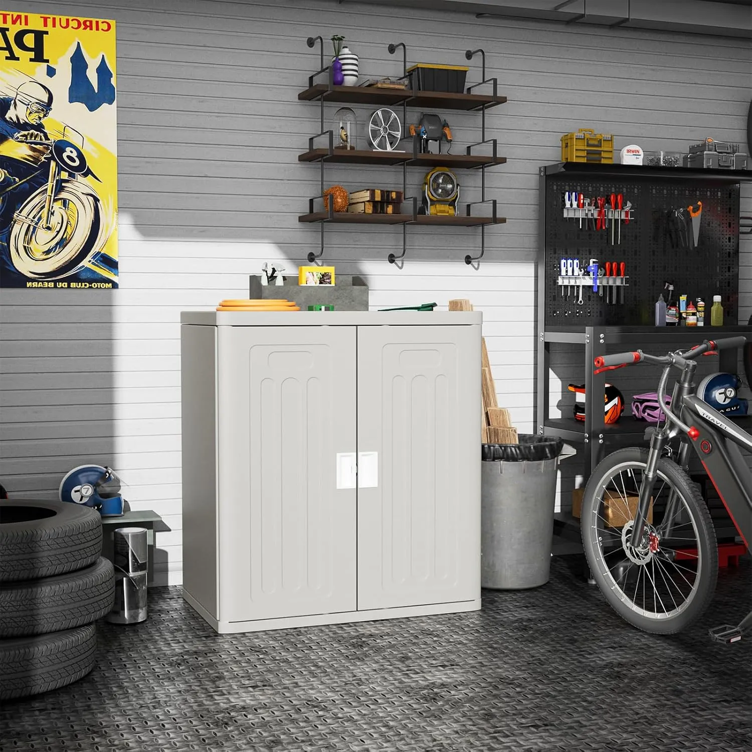 Amopatio Outdoor Storage Cabinet with 1 Shelf, Resin Storage Cabinet Waterproof, Plastic Patio Storage Shed All Weather Use for Tools, Cleaning Supplies, 19.7" D x 29.5" W x35.4 H, Grey