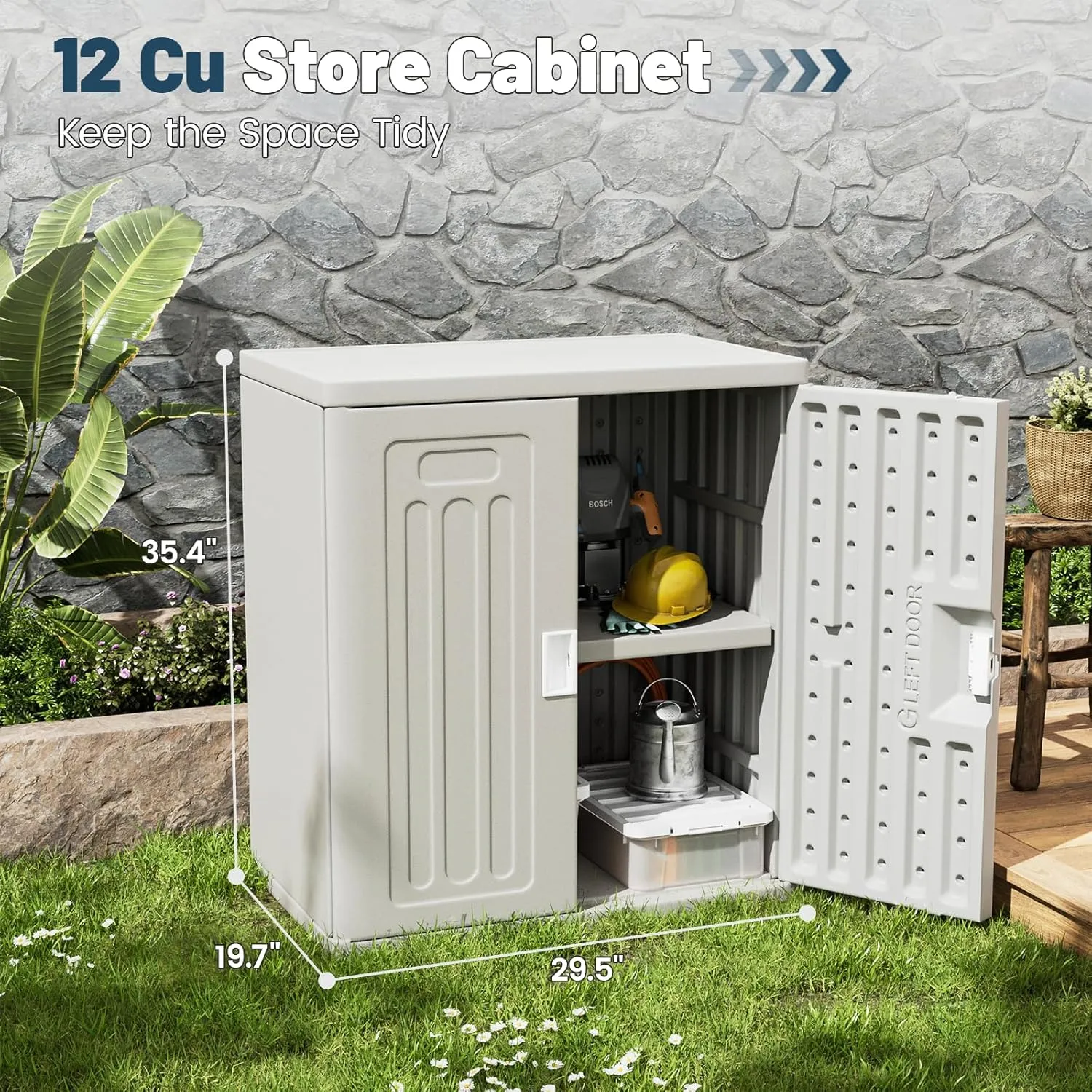 Amopatio Outdoor Storage Cabinet with 1 Shelf, Resin Storage Cabinet Waterproof, Plastic Patio Storage Shed All Weather Use for Tools, Cleaning Supplies, 19.7" D x 29.5" W x35.4 H, Grey