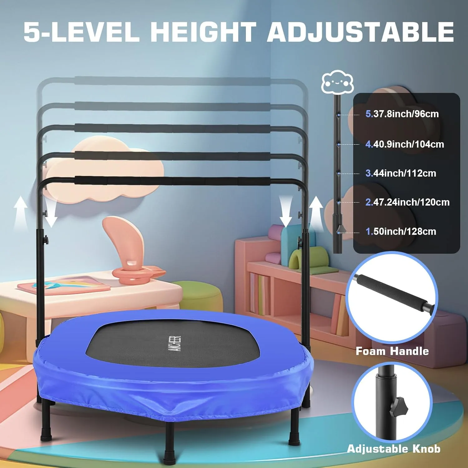 ANCHEER 56" Double Mini Trampoline for Kids, Mini Rebounder with 5-Level Adjustable Handle, Parent-Child Trampoline for Kids, Max Load 220lbs, Fun for Indoor/Outdoor