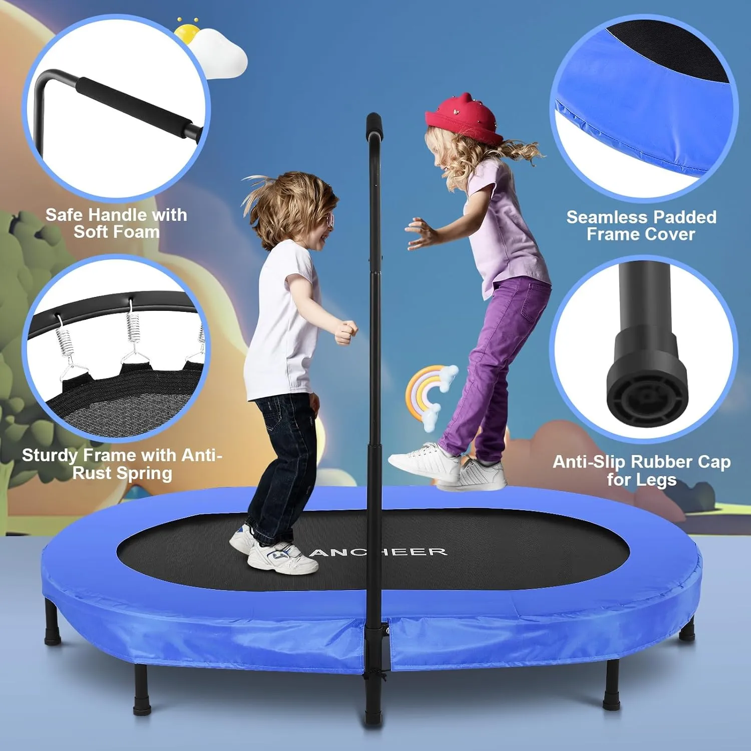 ANCHEER 56" Double Mini Trampoline for Kids, Mini Rebounder with 5-Level Adjustable Handle, Parent-Child Trampoline for Kids, Max Load 220lbs, Fun for Indoor/Outdoor