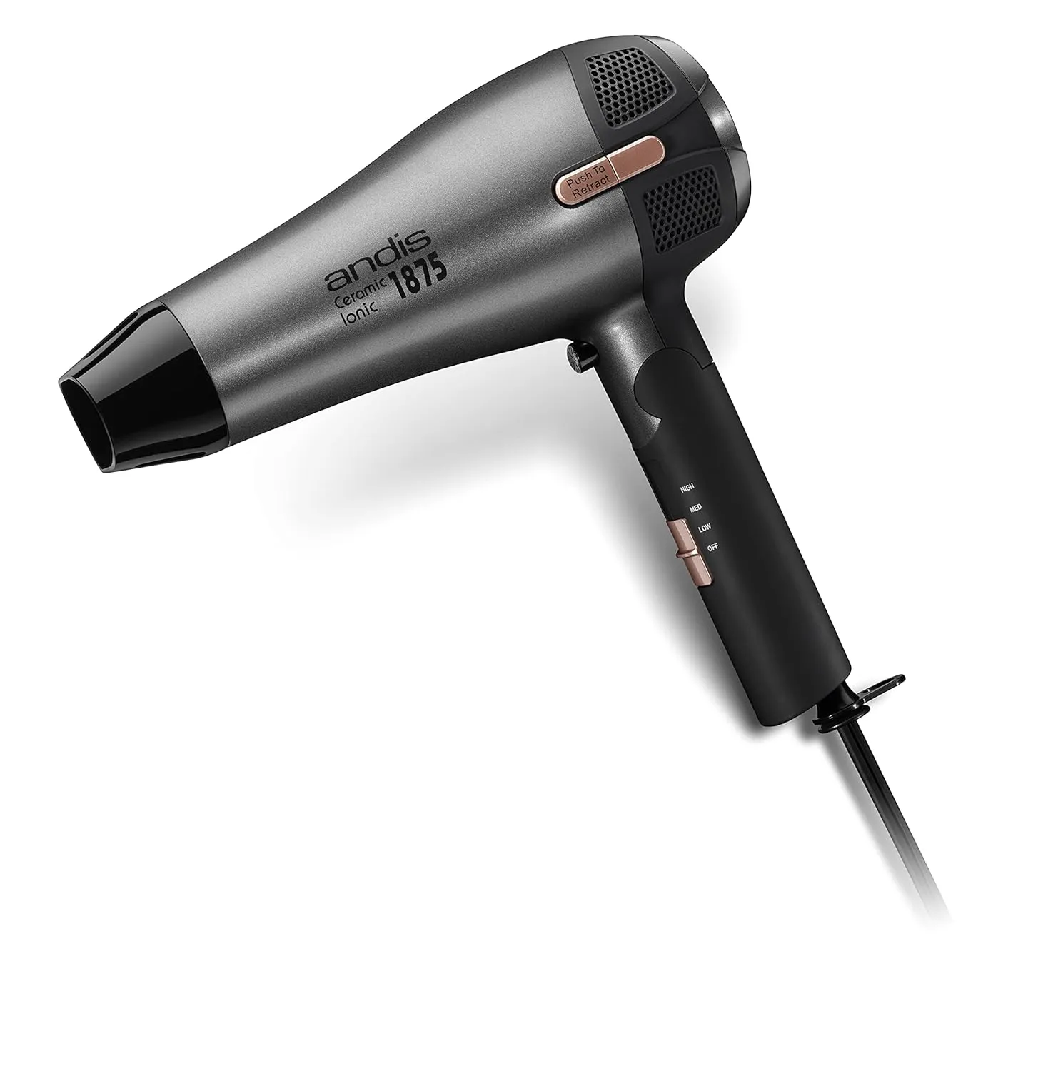 Andis 80280 Fold-n-go 1875 Watt Ceramic Ionic Dryer, Retractable Cord, Lightweight with Professional Blowout Results, Quick Drying Blow Dryer, Black/Silver