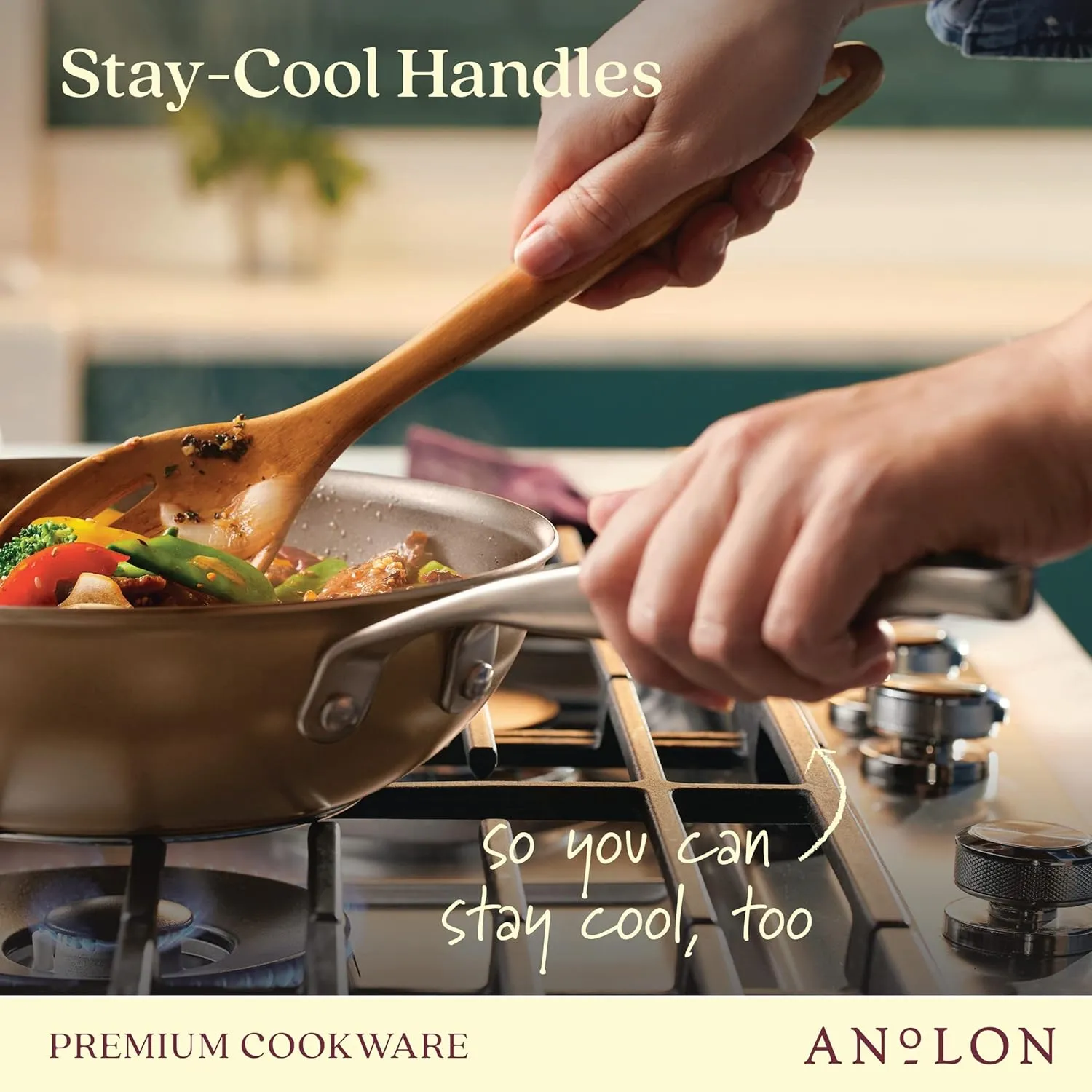Anolon Ascend Hard Anodized Nonstick Stir Fry Pan/Wok - Good for All Stovetops (Gas, Glass Top, Electric & Induction), Dishwasher & Oven Safe with Stainless Steel Handle, 10 Inch - Bronze