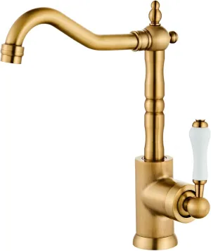 Antique Brass Kitchen Sink Faucet Single Handle Vintage Bar Faucet Single Hole Mixer Taps with 360° Swivel Long Curve Spout High Arc Bathroom Farmhouse Wet Faucet Brass