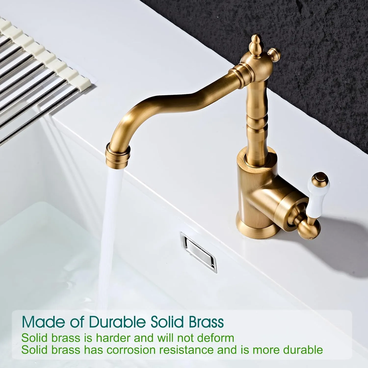 Antique Brass Kitchen Sink Faucet Single Handle Vintage Bar Faucet Single Hole Mixer Taps with 360° Swivel Long Curve Spout High Arc Bathroom Farmhouse Wet Faucet Brass