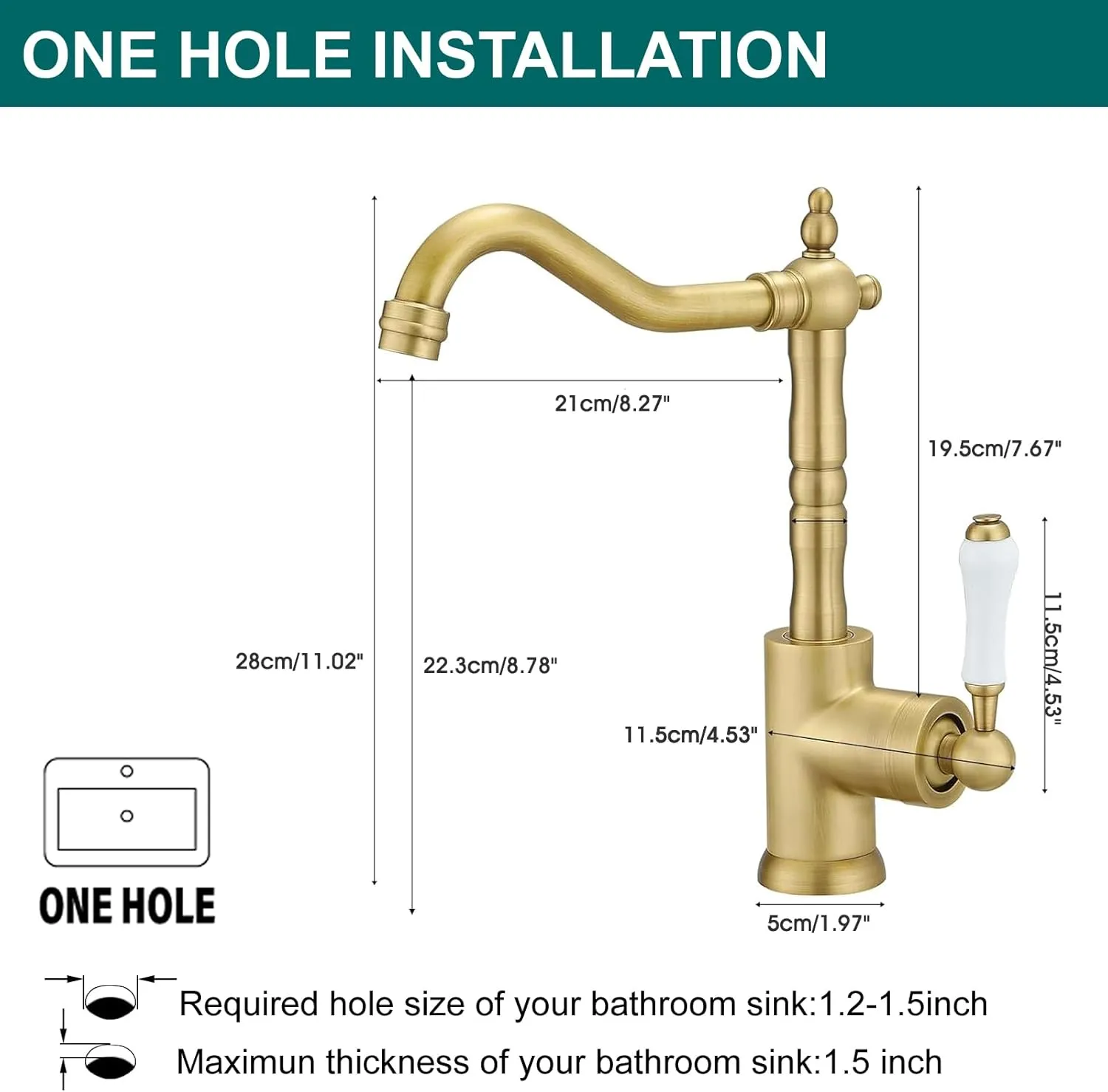 Antique Brass Kitchen Sink Faucet Single Handle Vintage Bar Faucet Single Hole Mixer Taps with 360° Swivel Long Curve Spout High Arc Bathroom Farmhouse Wet Faucet Brass