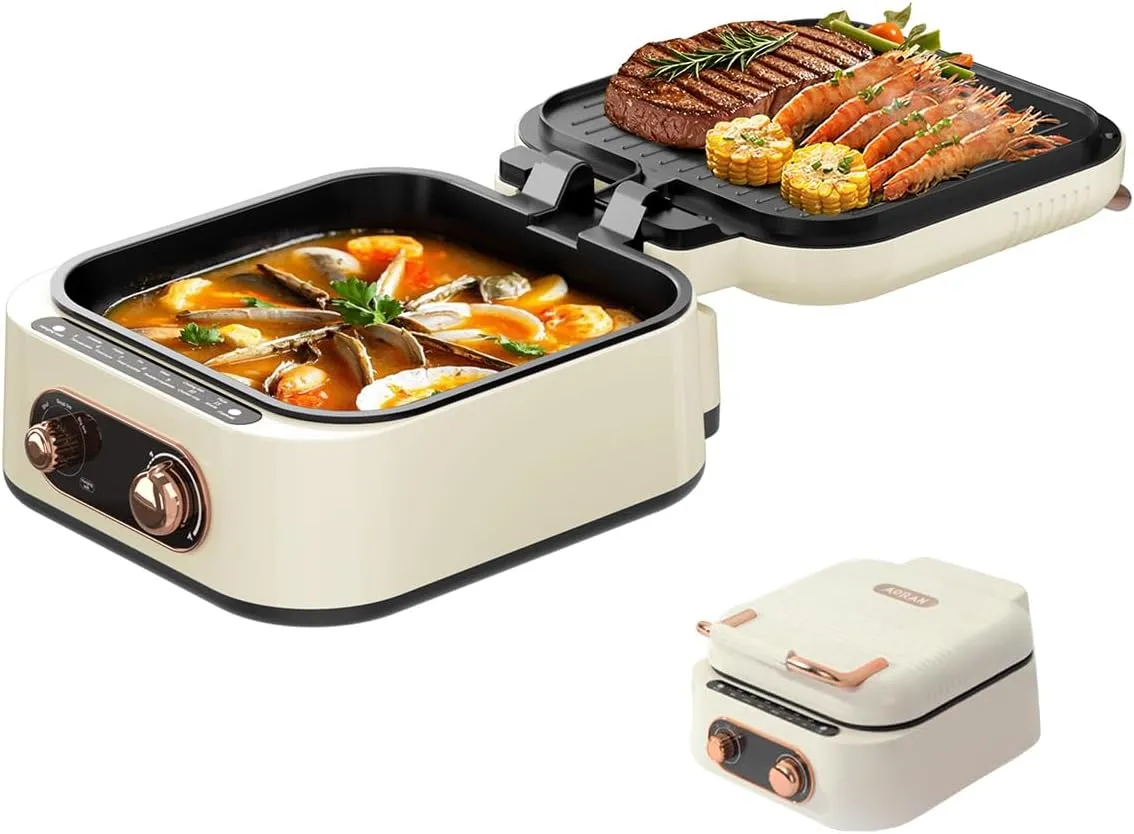 AORAN 7-in-1 Electric Griddle with Non-Stick Coating, Smokeless Grill for Frying, Baking, Boiling, Hot Pot, Steaming, Dual Zone Temperature Control, Foldable for Storage, Easy Cleaning, 1800W