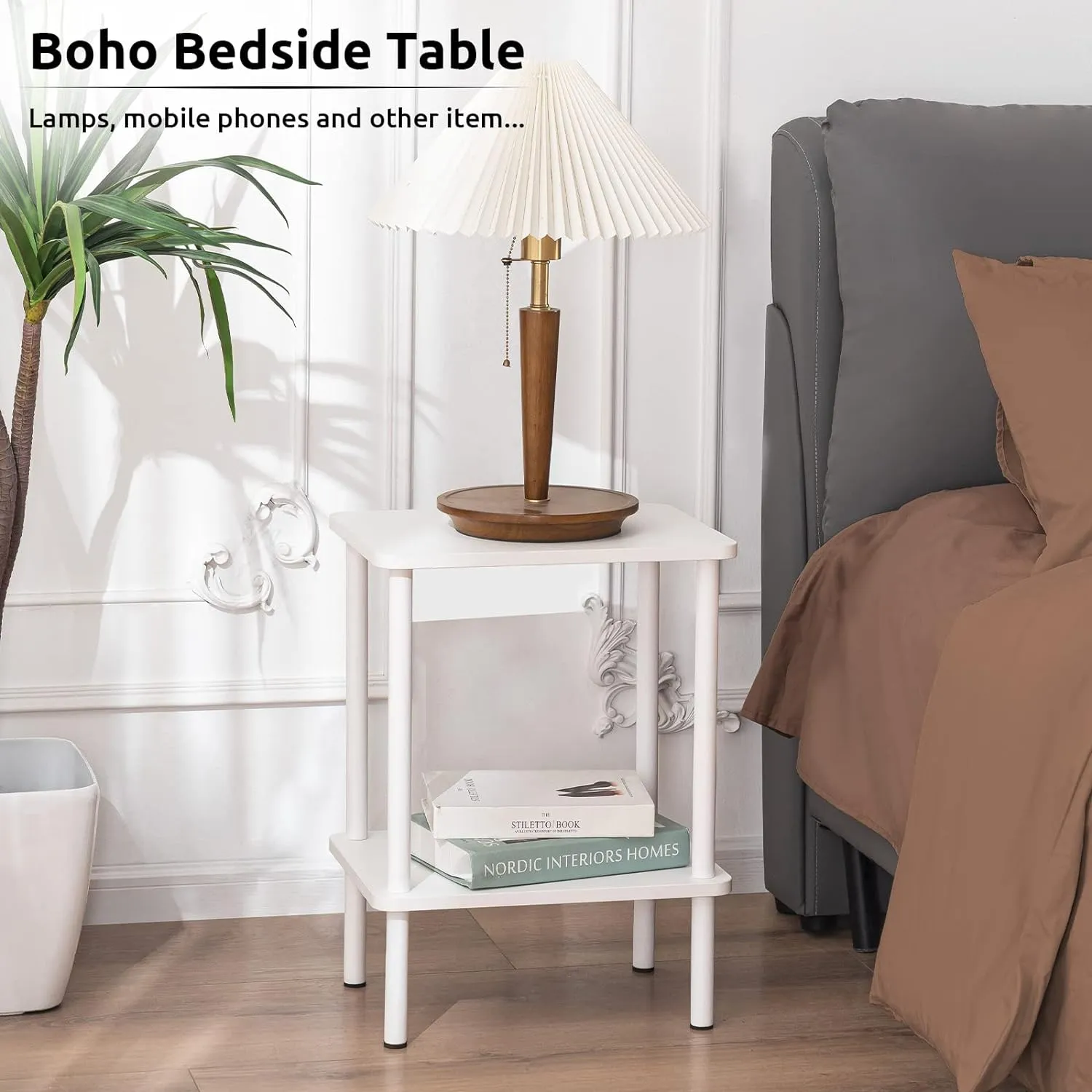 Apicizon 2 Tier End Table, Boho Side Table with Storage Shelf, Nightstand Bedside Table for Small Spaces, Bedroom, Living Room, Entryway, Farmhouse, Easy Assembly,White