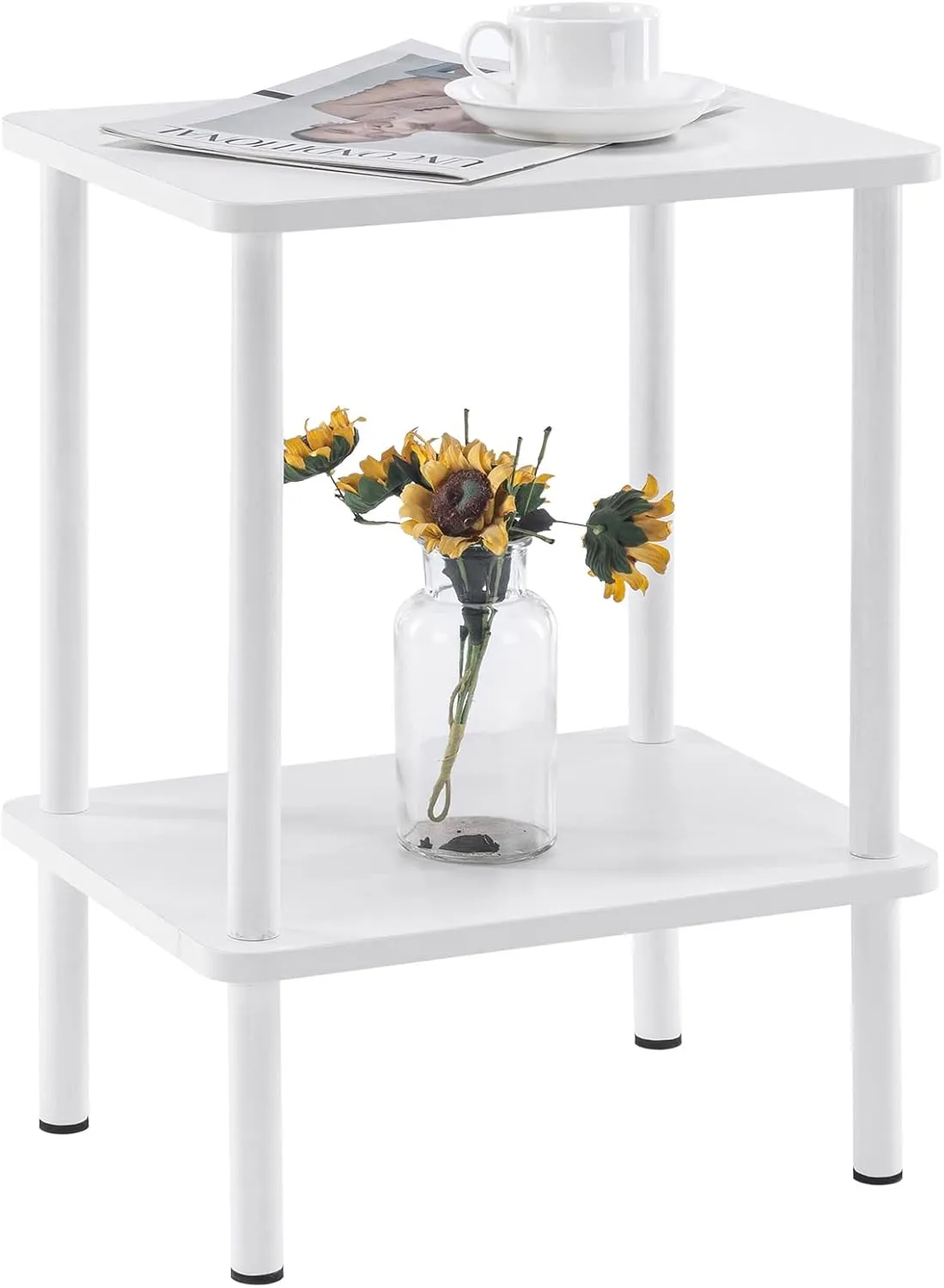 Apicizon 2 Tier End Table, Boho Side Table with Storage Shelf, Nightstand Bedside Table for Small Spaces, Bedroom, Living Room, Entryway, Farmhouse, Easy Assembly,White