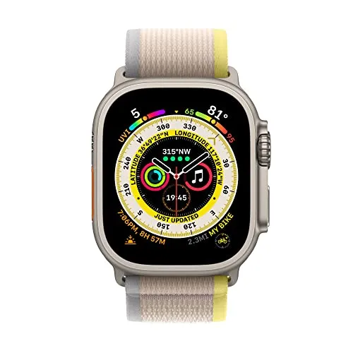 Apple Watch Ultra [GPS   Cellular 49 mm] smart watch w/Rugged Titanium Case & Yellow/Beige Trail Loop S/M Fitness Tracker, Precision GPS, Action Button, Extra-Long BatteryLife, Brighter Retina Display