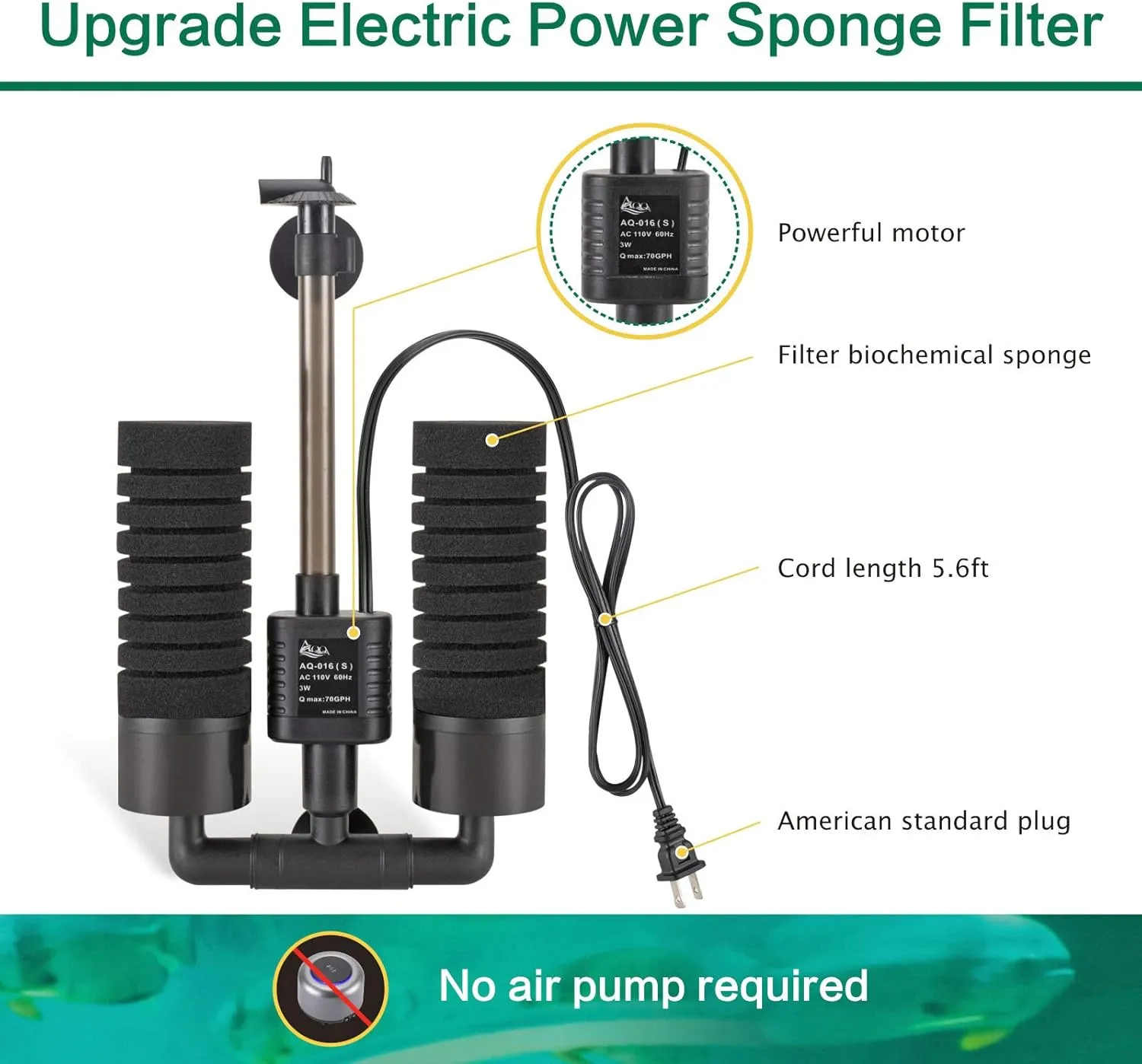AQQA Aquarium Electric Power Sponge Filter,3W/5W Silence Submersible Foam Filter,Sponges Bio Ceramic Media Balls Double Filter for Saltwater Freshwater Fish Tank (S)