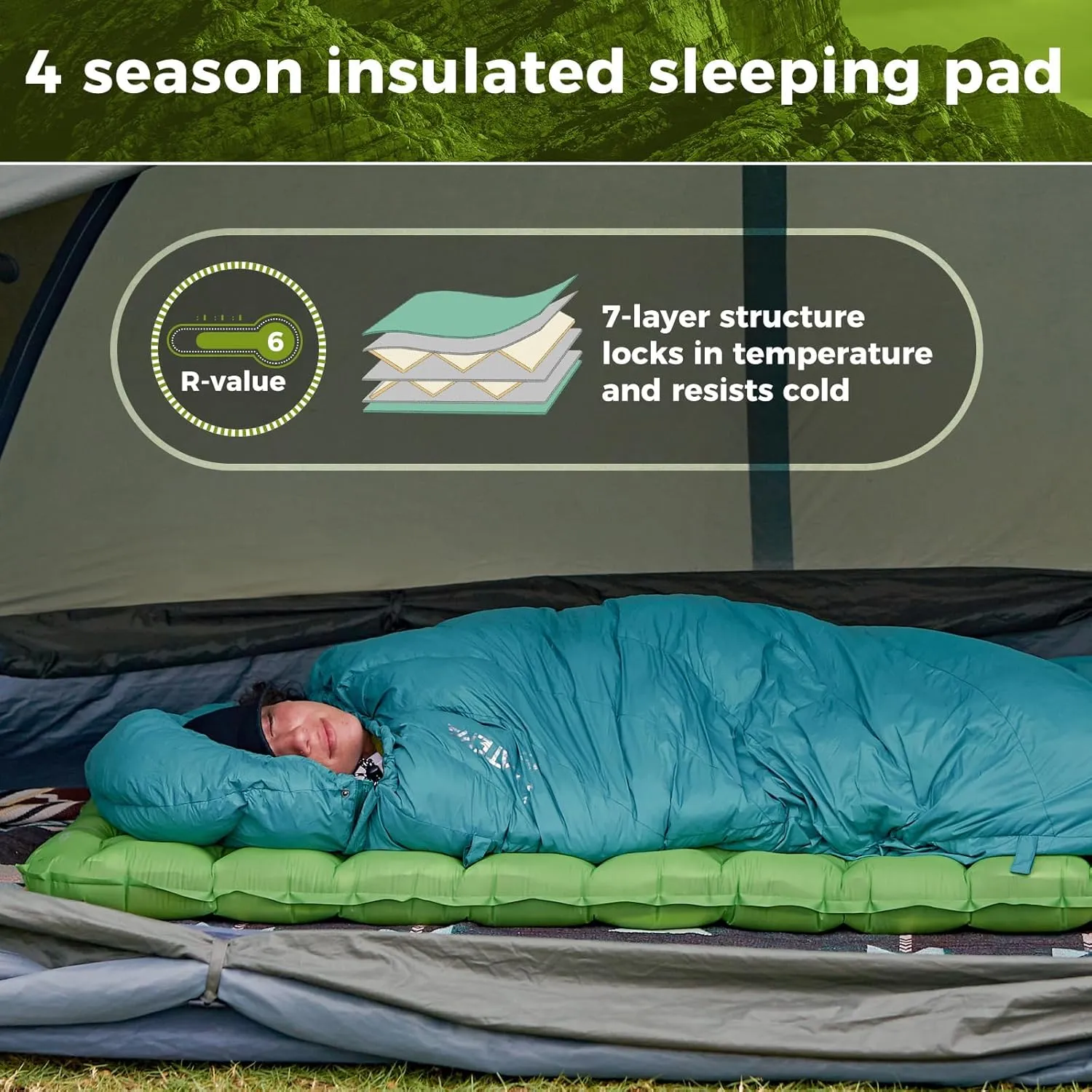 ATEPA Backpacking Sleeping Pad, 6 R-Value Insulated Ultralight Inflatable Sleeping Pad Thick Folding Camping Mattress with 7 Layers & Storage Bag for Camping Backpacking, Wide Long Size (72"x25")