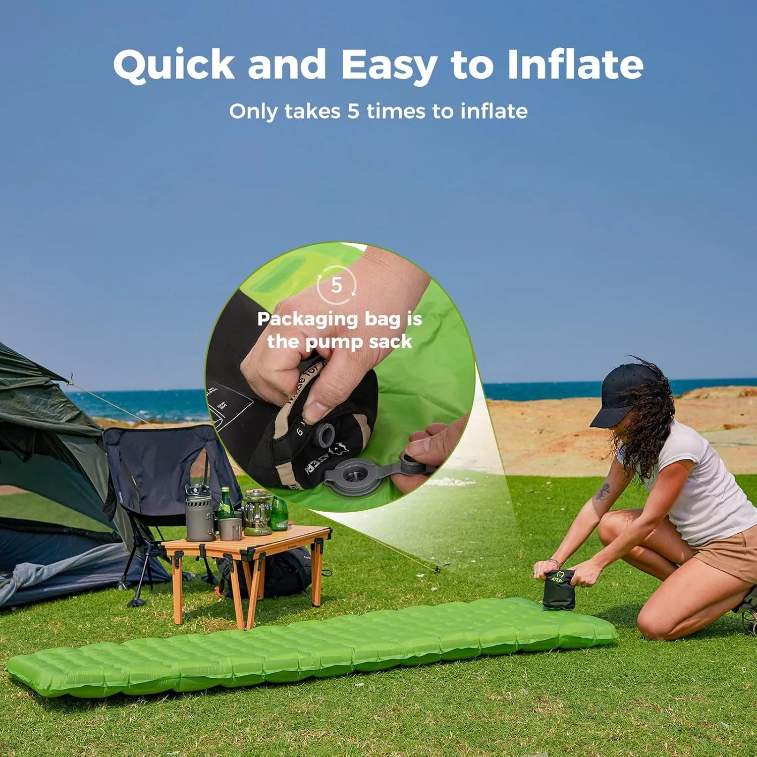 ATEPA Backpacking Sleeping Pad, 6 R-Value Insulated Ultralight Inflatable Sleeping Pad Thick Folding Camping Mattress with 7 Layers & Storage Bag for Camping Backpacking, Wide Long Size (72"x25")