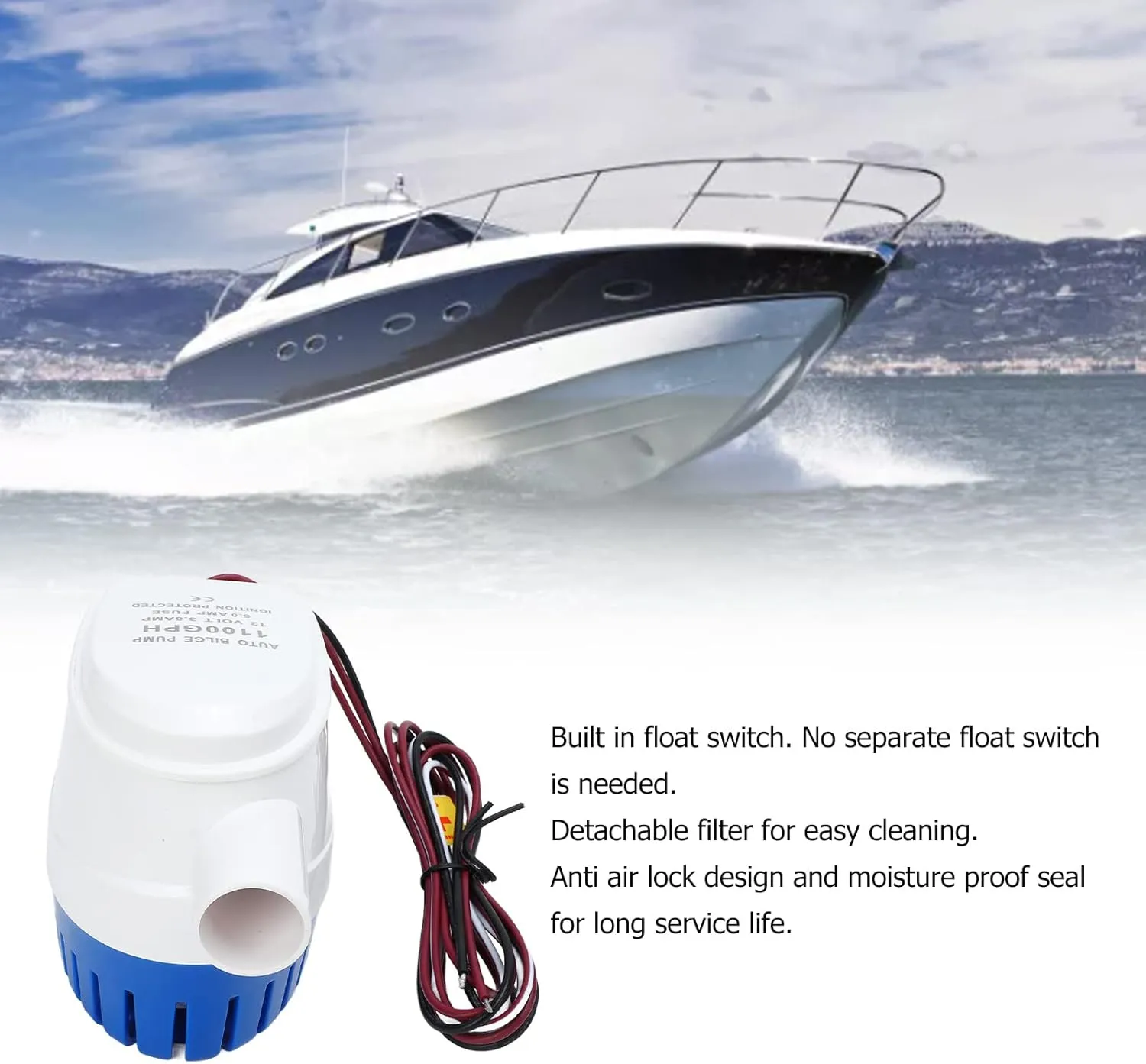 Automatic Submersible Boat Bilge Water Pump 12V Plastic Accessories Float Switch Portable Marine Pump (1100GPH)