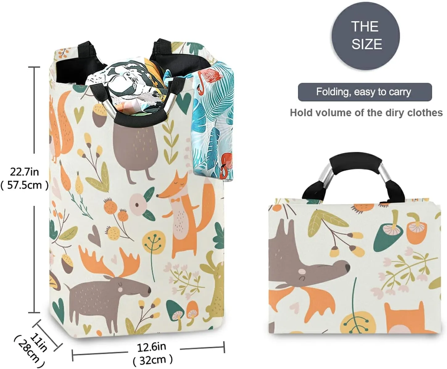 Autumn Forest with Bear Hare Squirrel Elk Owl Foxes Flowers Laundry Hamper Basket Bucket, Foldable Dirty Clothes Bag, Waterproof Fabric Washing Bin, Toy Storage with Handles for Bathroom