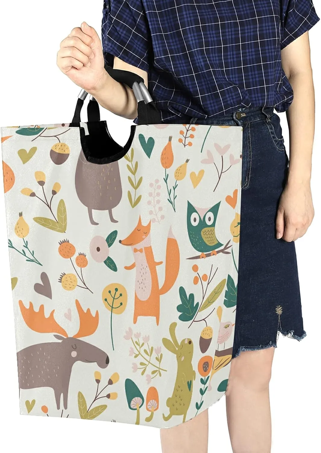 Autumn Forest with Bear Hare Squirrel Elk Owl Foxes Flowers Laundry Hamper Basket Bucket, Foldable Dirty Clothes Bag, Waterproof Fabric Washing Bin, Toy Storage with Handles for Bathroom
