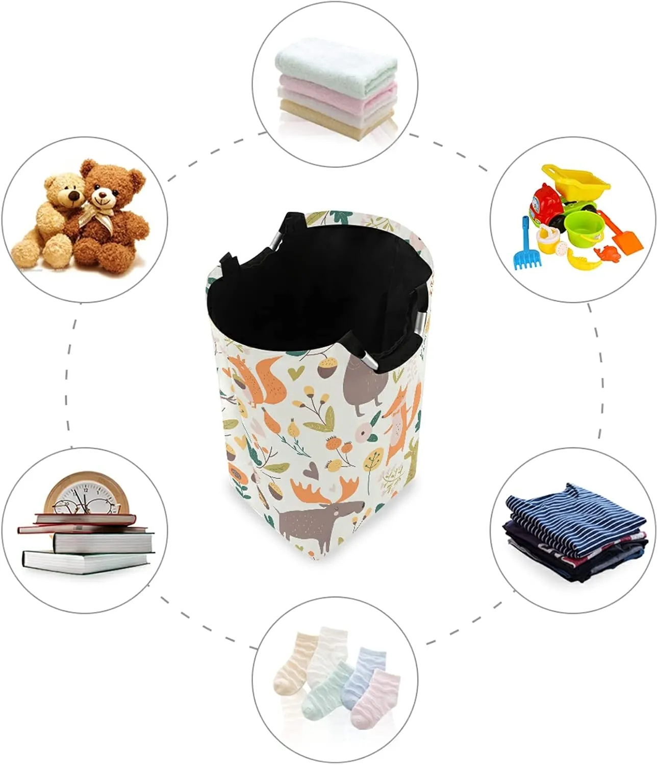 Autumn Forest with Bear Hare Squirrel Elk Owl Foxes Flowers Laundry Hamper Basket Bucket, Foldable Dirty Clothes Bag, Waterproof Fabric Washing Bin, Toy Storage with Handles for Bathroom