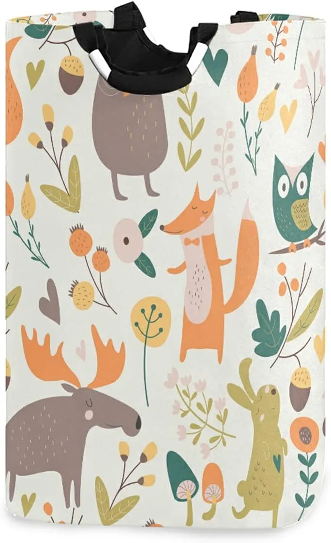 Autumn Forest with Bear Hare Squirrel Elk Owl Foxes Flowers Laundry Hamper Basket Bucket, Foldable Dirty Clothes Bag, Waterproof Fabric Washing Bin, Toy Storage with Handles for Bathroom