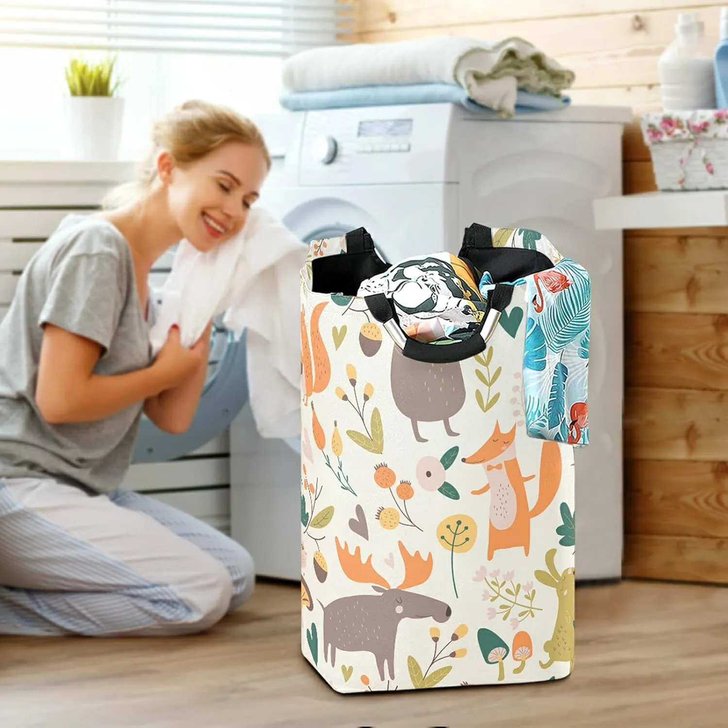 Autumn Forest with Bear Hare Squirrel Elk Owl Foxes Flowers Laundry Hamper Basket Bucket, Foldable Dirty Clothes Bag, Waterproof Fabric Washing Bin, Toy Storage with Handles for Bathroom