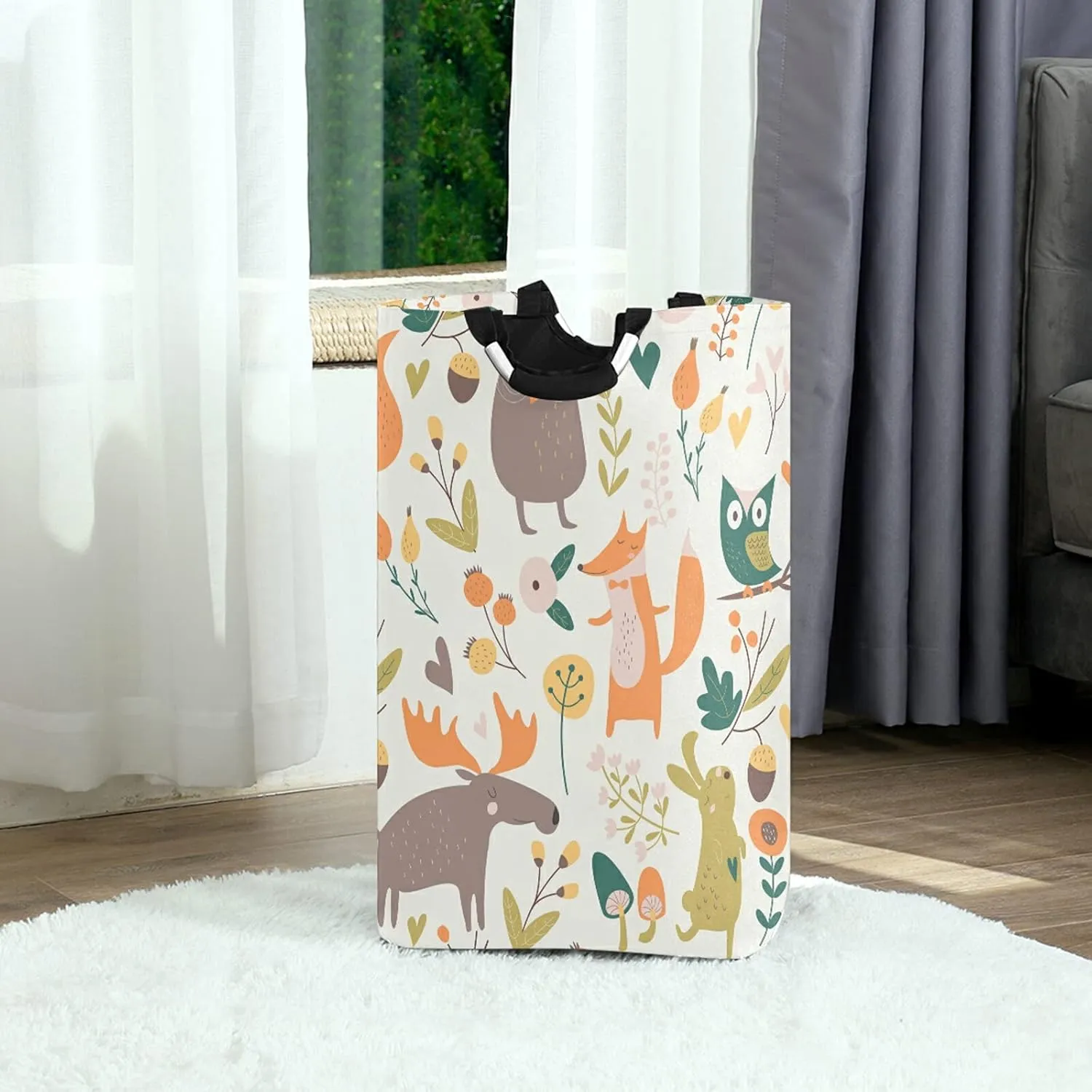 Autumn Forest with Bear Hare Squirrel Elk Owl Foxes Flowers Laundry Hamper Basket Bucket, Foldable Dirty Clothes Bag, Waterproof Fabric Washing Bin, Toy Storage with Handles for Bathroom