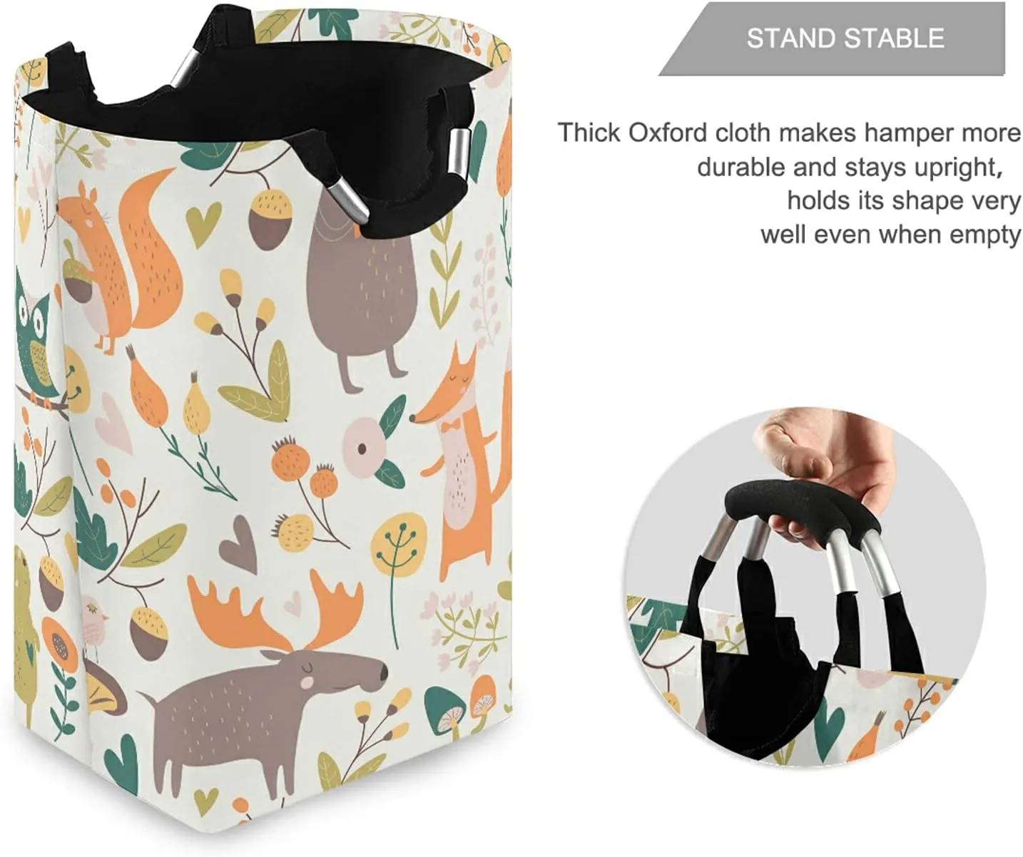Autumn Forest with Bear Hare Squirrel Elk Owl Foxes Flowers Laundry Hamper Basket Bucket, Foldable Dirty Clothes Bag, Waterproof Fabric Washing Bin, Toy Storage with Handles for Bathroom