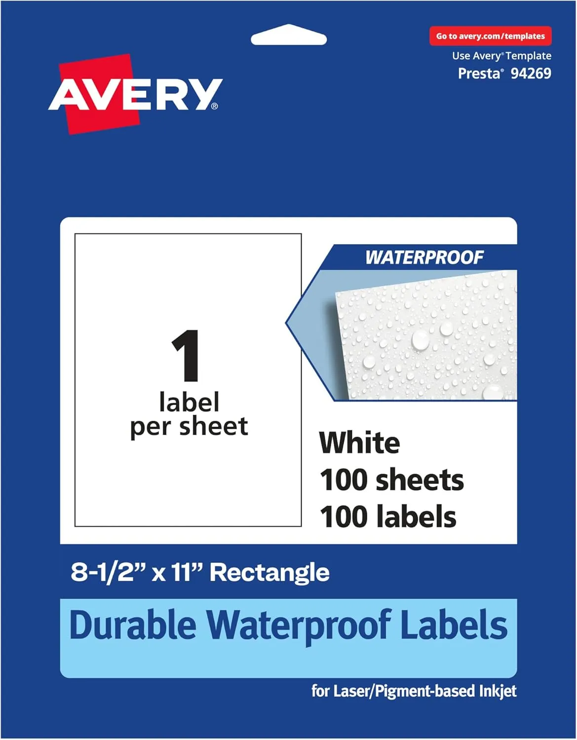Avery Durable Waterproof Rectangle Labels, 8.5" x 11", 100 Total, Oil and Tear-Resistant, Waterproof, Laser/Pigment-Based Inkjet Printable