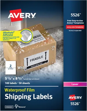 Avery Waterproof Printable Shipping Labels with Sure Feed, 5.5" x 8.5", White, 100 Blank Mailing Labels (5526)