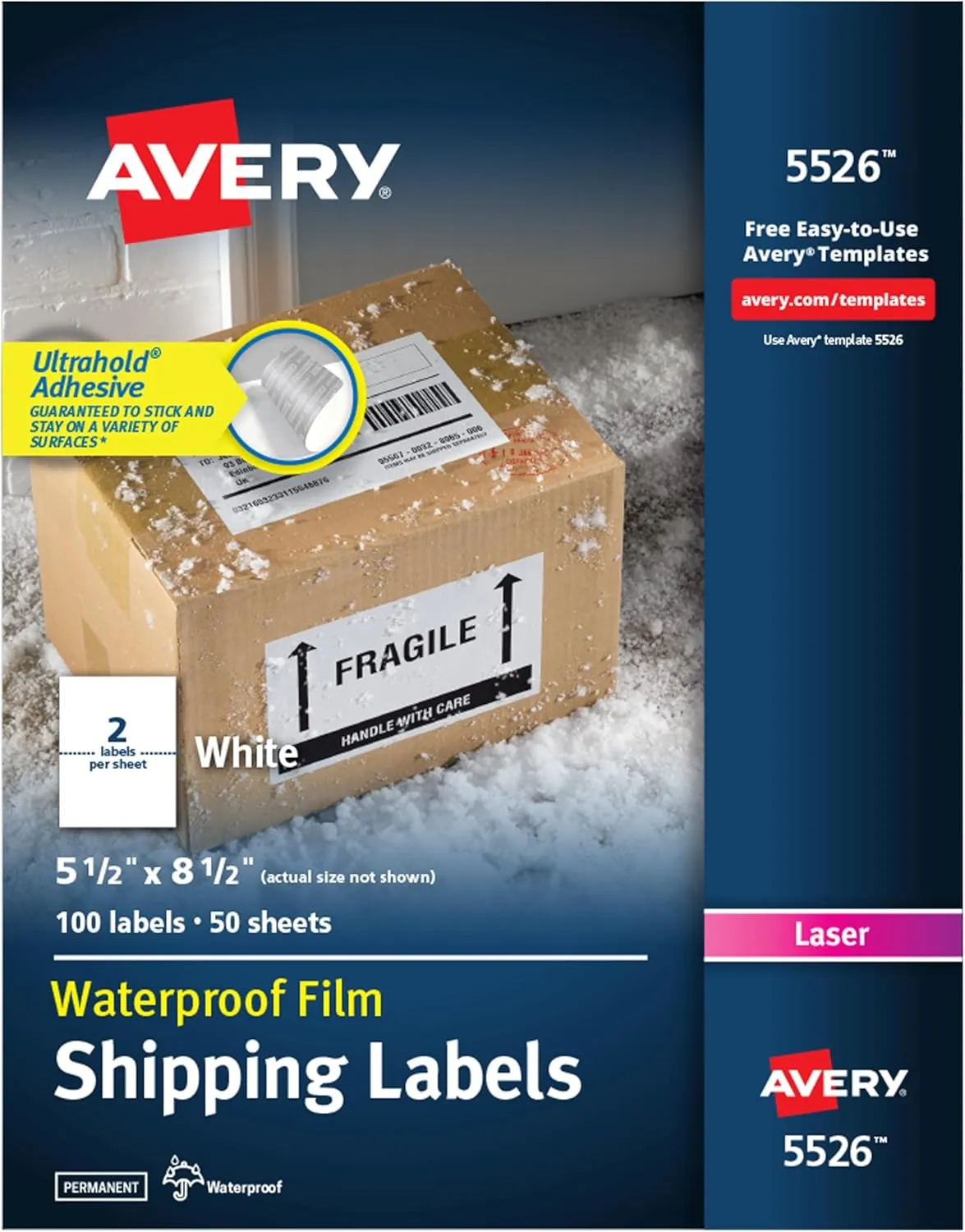 Avery Waterproof Printable Shipping Labels with Sure Feed, 5.5" x 8.5", White, 100 Blank Mailing Labels (5526)