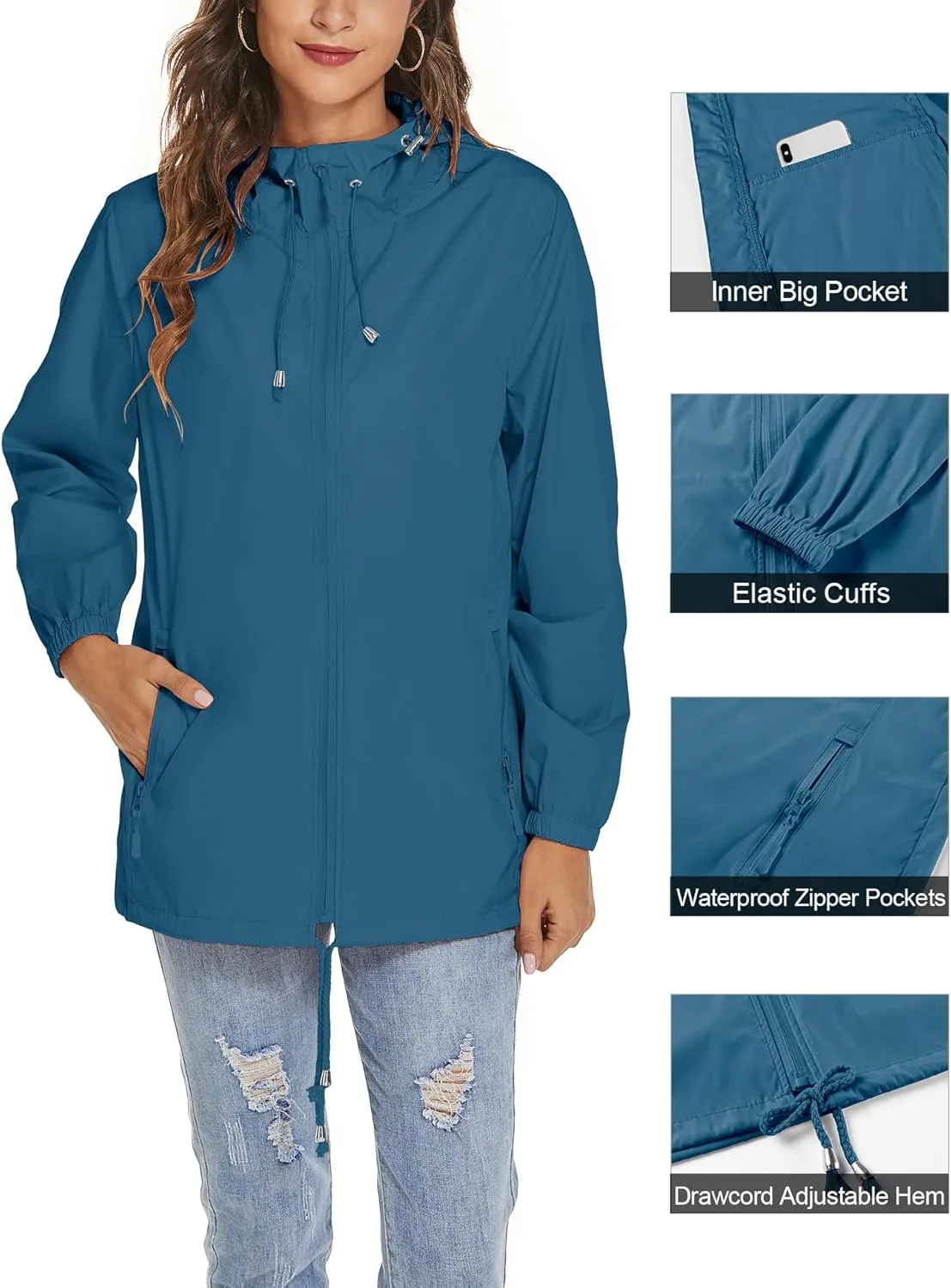 Avoogue Womens Waterproof Raincoat Lightweight Breathable Rain Jacket Hooded Rain Coat Outdoor Active Windbreaker with Pocket