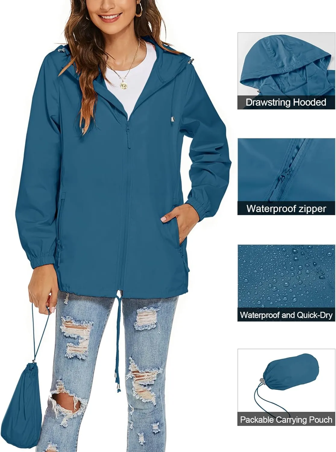 Avoogue Womens Waterproof Raincoat Lightweight Breathable Rain Jacket Hooded Rain Coat Outdoor Active Windbreaker with Pocket