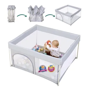 BABELIO Foldable Baby Playpen 46" × 46", Portable Playard for Babies and Toddlers, Parents' Picks Awards Winner, No Assembly Required, Indoor & Outdoor Kids Safety Play Pen Area, Travel Fence, Grey