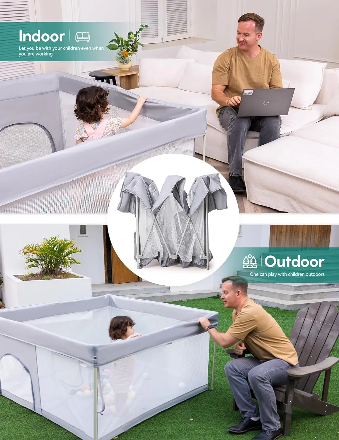 BABELIO Foldable Baby Playpen 46" × 46", Portable Playard for Babies and Toddlers, Parents' Picks Awards Winner, No Assembly Required, Indoor & Outdoor Kids Safety Play Pen Area, Travel Fence, Grey