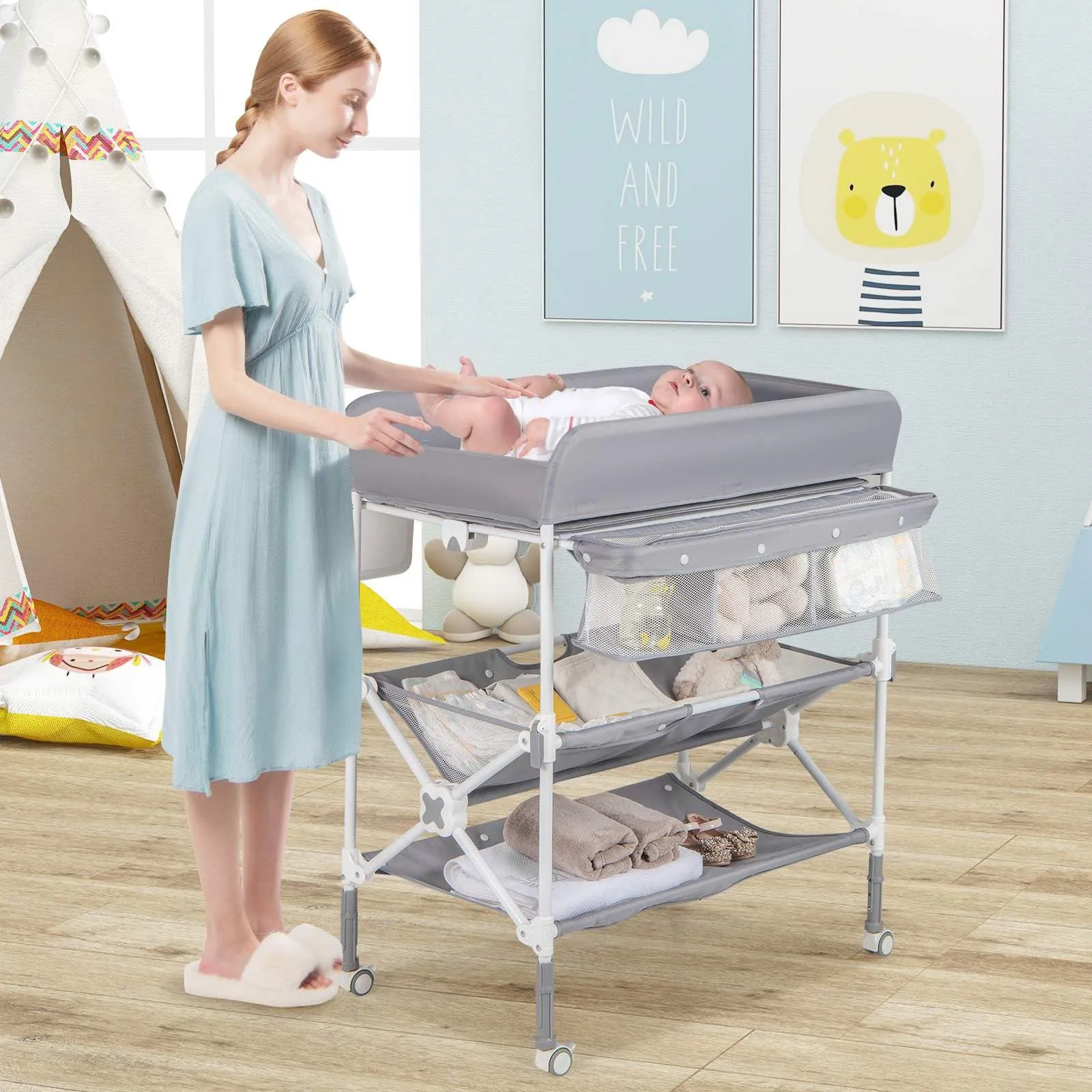BABY JOY Portable Baby Changing Table w/ Wheels, Foldable Waterproof Diaper Changing Station w/ Adjustable Height