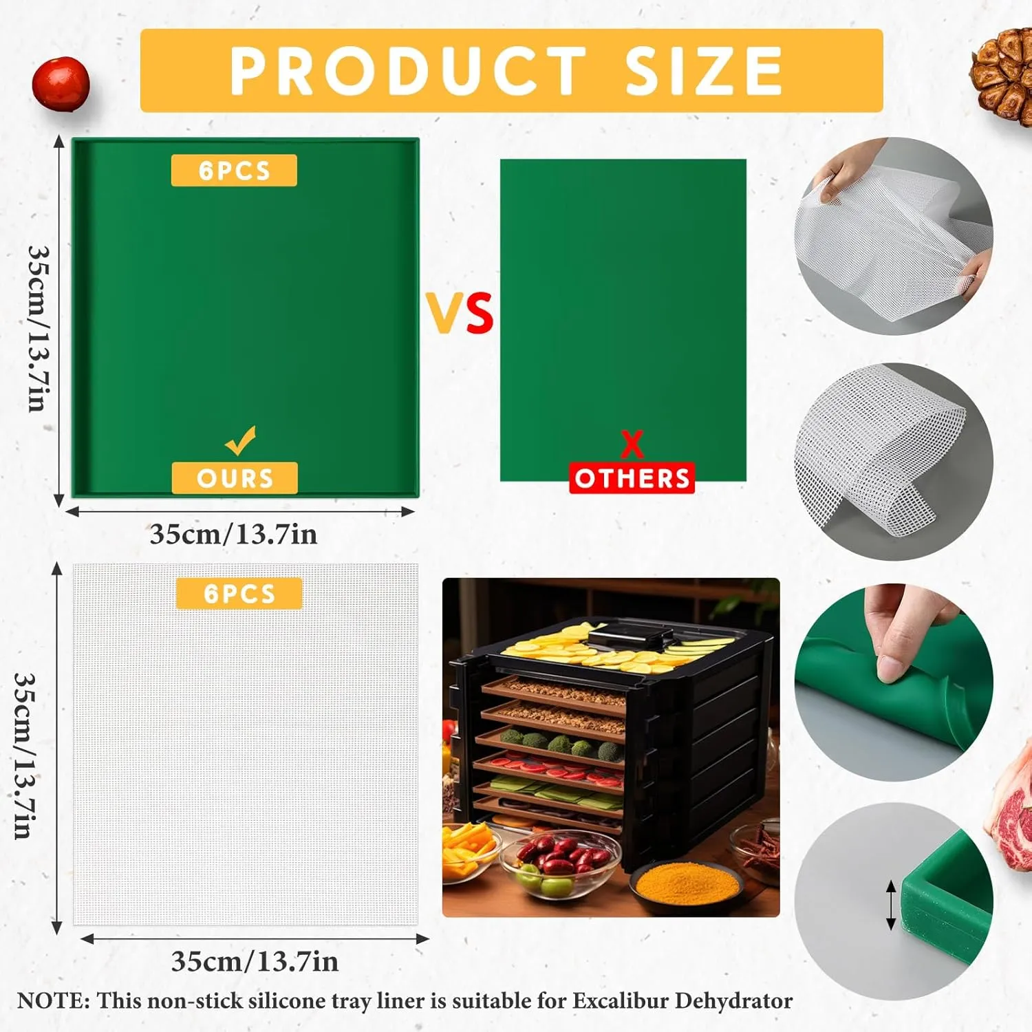 Baderke 6 Pcs 14" x 14" Silicone Dehydrator Mats with Edge Compatible with 6 Pcs Excalibur Dehydrator Sheets Mesh tray liners Accessories Square for Fruits Meat Vegetables(Dark Green)