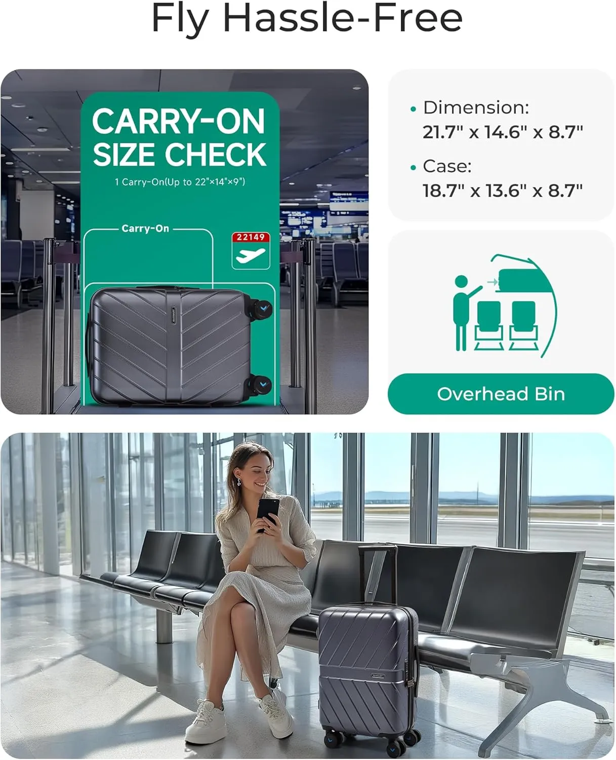 BAGSMART Carry On Luggage 22x14x9 Airline Approved, 1OO% PC Lightweight Carry On Hardside Suitcase, 20 Inch Hard Shell Luggage with Spinner Wheels, Waterproof Rolling Suitcase, Gray