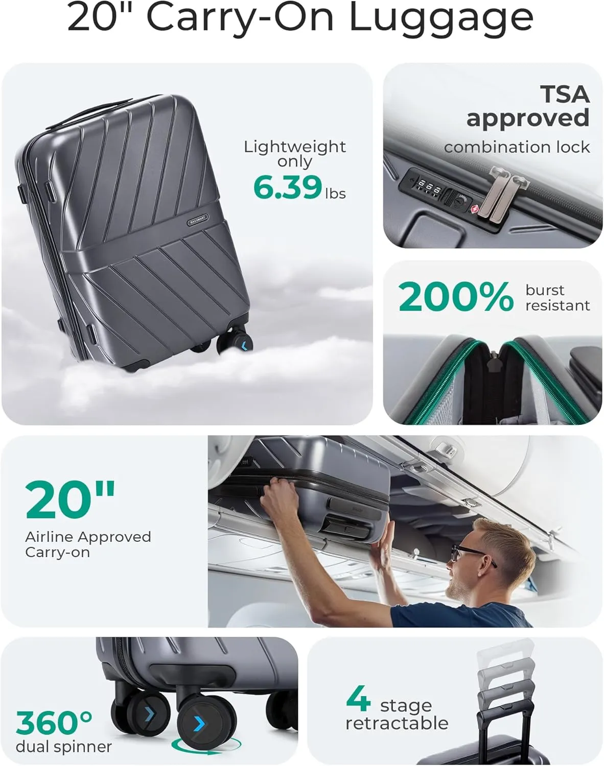BAGSMART Carry On Luggage 22x14x9 Airline Approved, 1OO% PC Lightweight Carry On Hardside Suitcase, 20 Inch Hard Shell Luggage with Spinner Wheels, Waterproof Rolling Suitcase, Gray