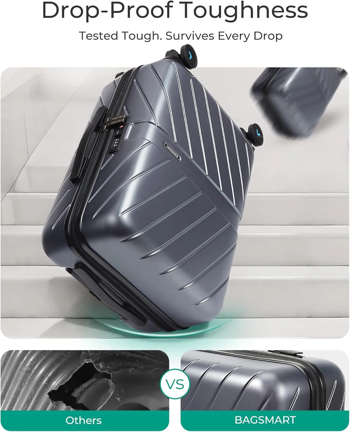 BAGSMART Carry On Luggage 22x14x9 Airline Approved, 1OO% PC Lightweight Carry On Hardside Suitcase, 20 Inch Hard Shell Luggage with Spinner Wheels, Waterproof Rolling Suitcase, Gray