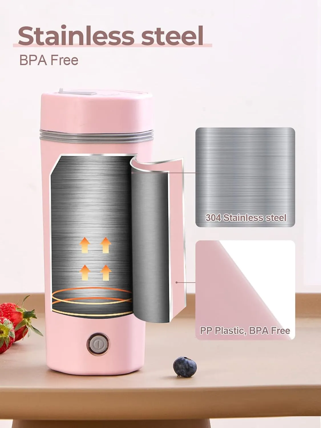 balbali Travel Kettle - 12oz Portable Electric Kettle for Boiling Water - Self Heating Cup/Thermos - Single Size Personal Tea Maker -Hot Water Boiler/Heater/Warmer - Pink