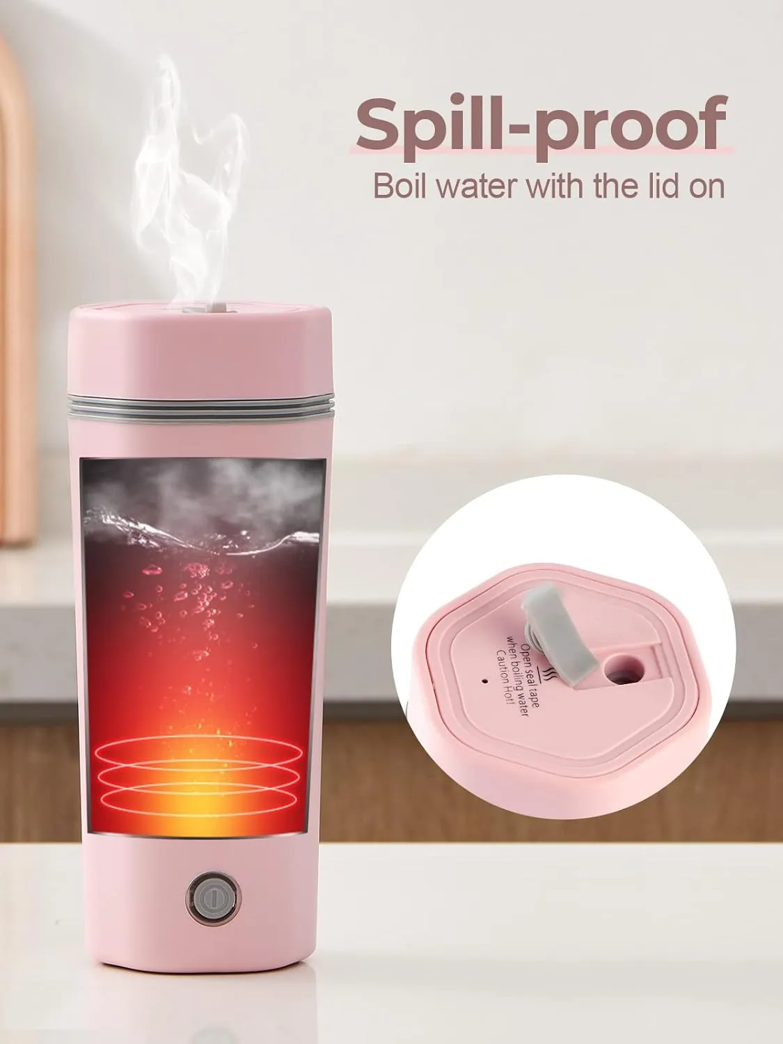 balbali Travel Kettle - 12oz Portable Electric Kettle for Boiling Water - Self Heating Cup/Thermos - Single Size Personal Tea Maker -Hot Water Boiler/Heater/Warmer - Pink