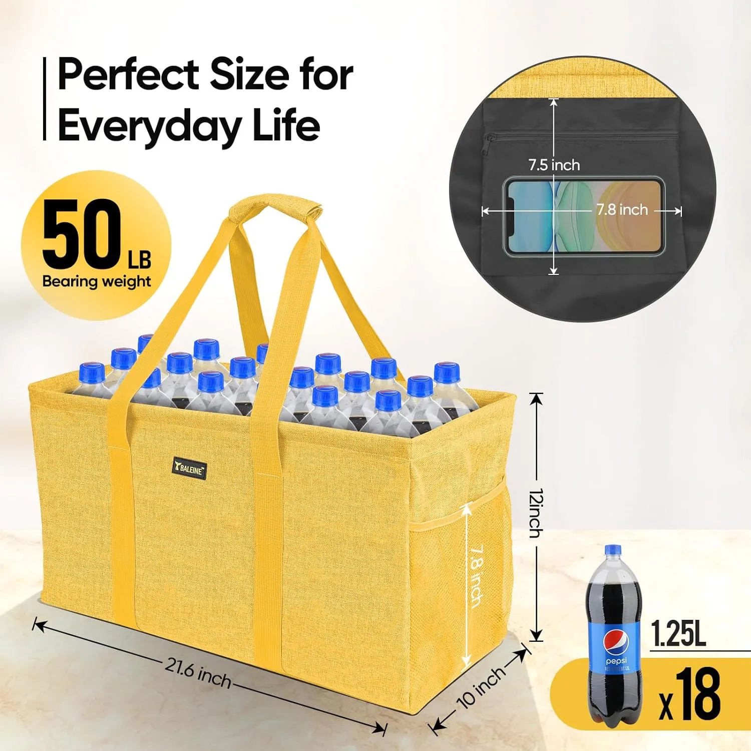 BALEINE Extra Large Utility Tote Bag with Wire Frame for Storage (Yellow, 22''x12''x10'')