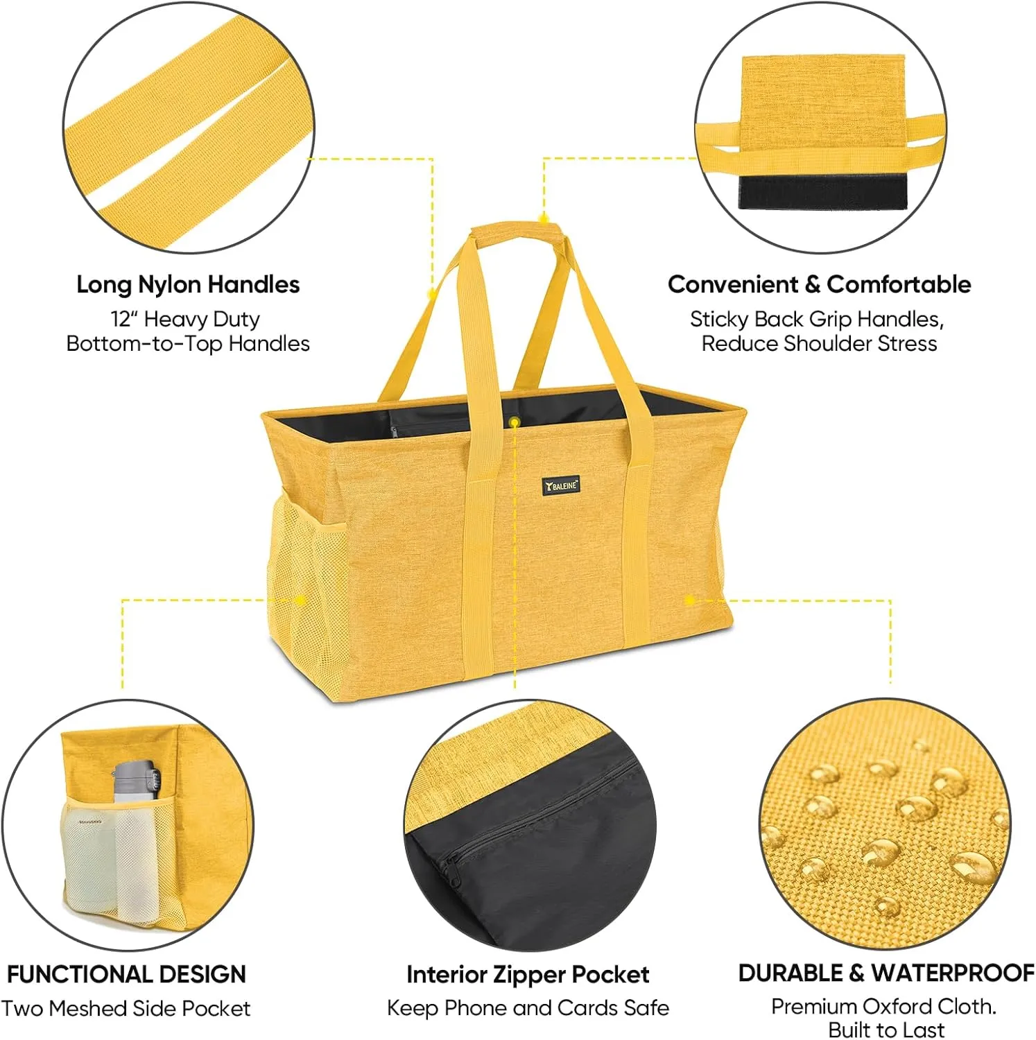 BALEINE Extra Large Utility Tote Bag with Wire Frame for Storage (Yellow, 22''x12''x10'')